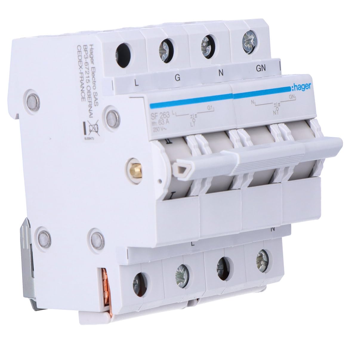 Hager - Modular Switch 2-pin 63A Together at The top i-0-ii 4M