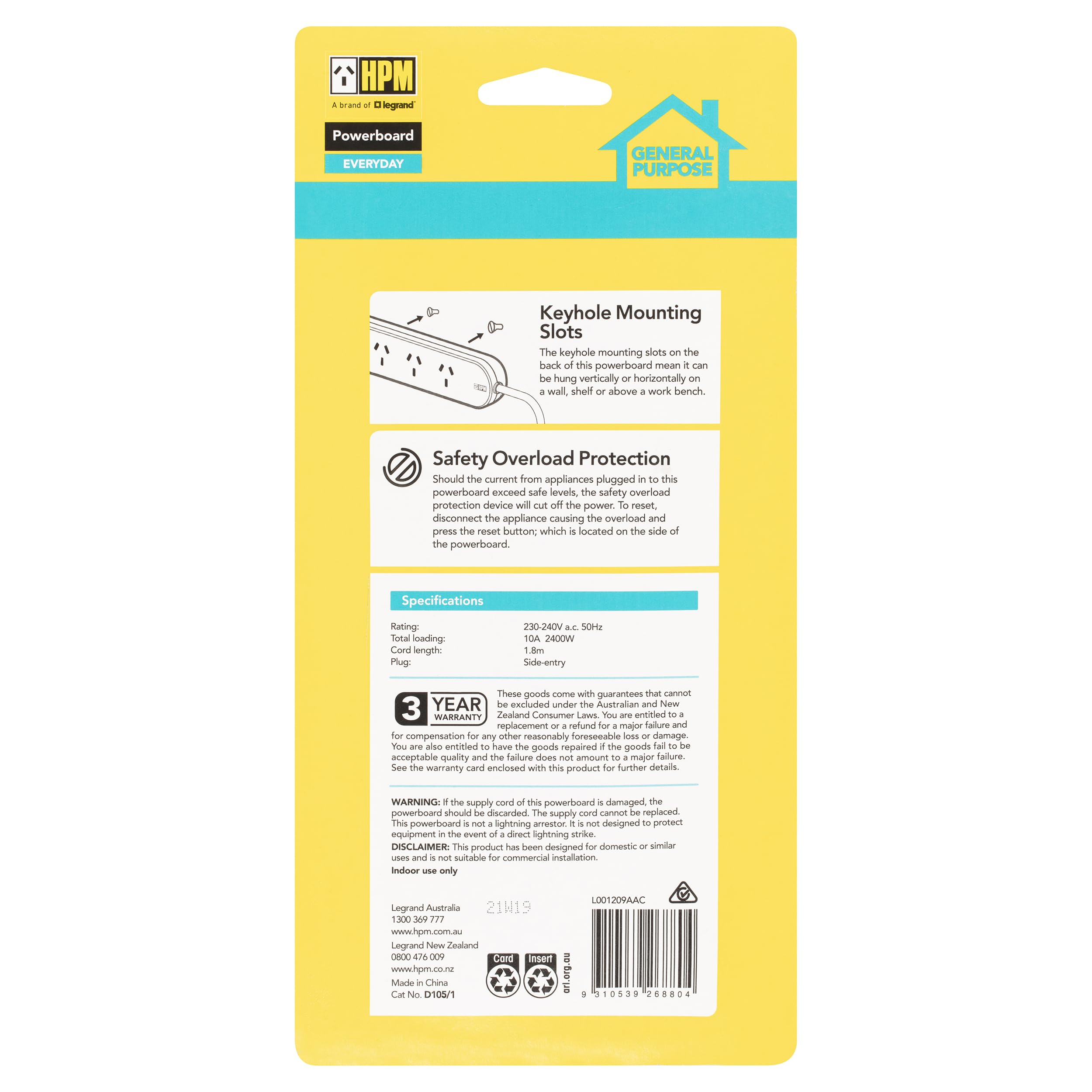 HPM 4 Outlet Overload Powerboard with 1.8 M Lead