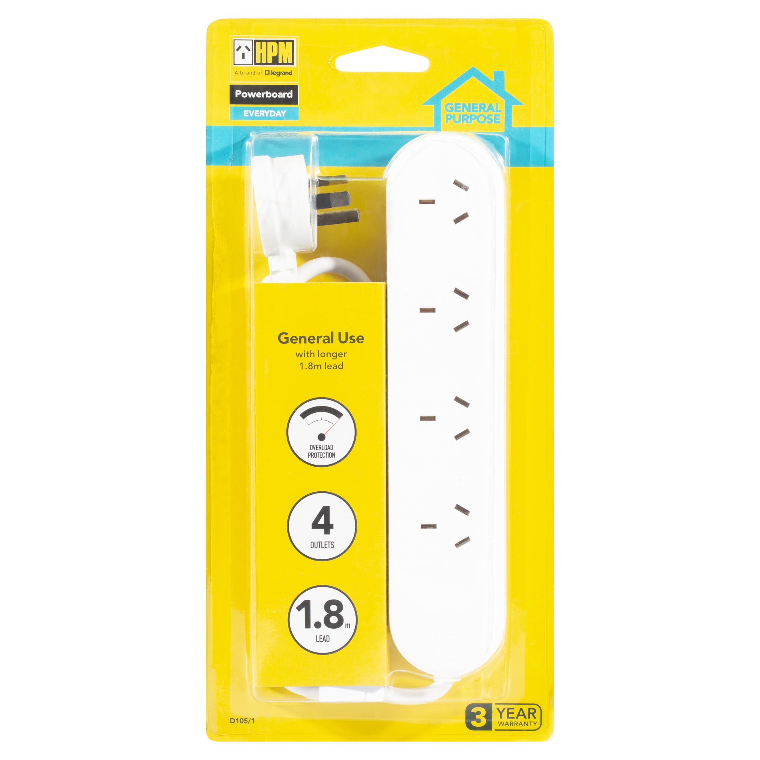 HPM 4 Outlet Overload Powerboard with 1.8 M Lead