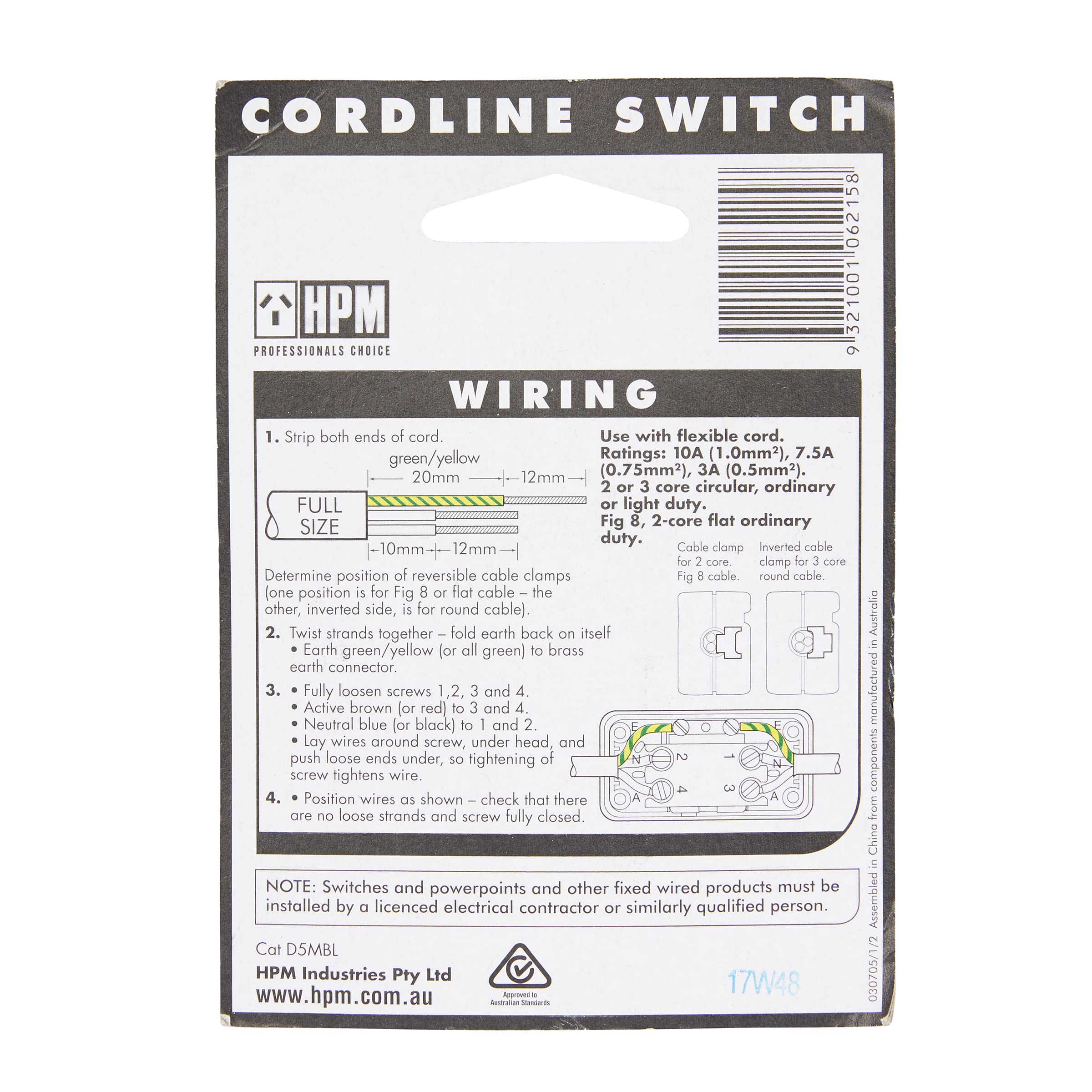 HPM Mini Cordline 10 A Switch, Black, D5MBL