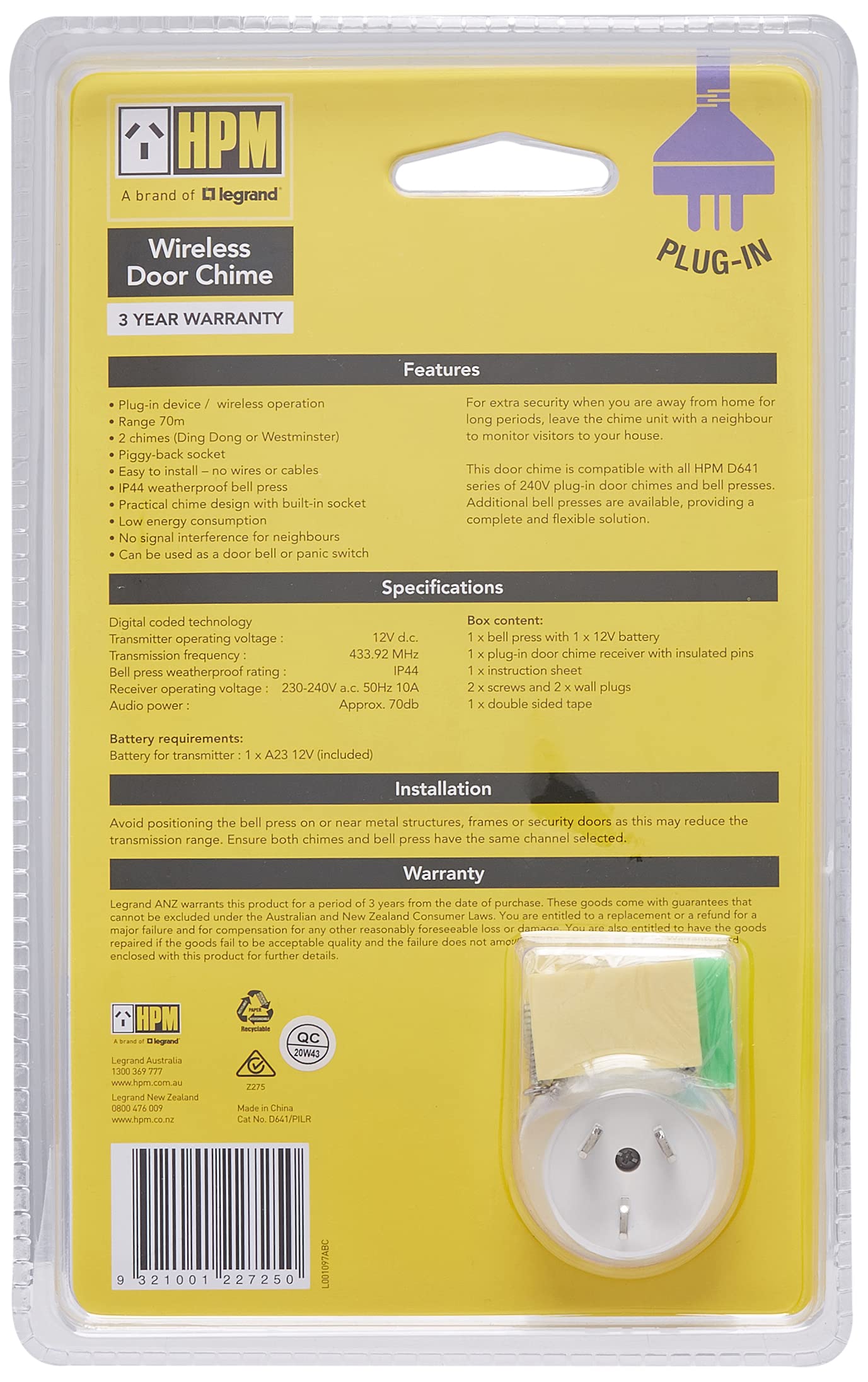 HPM D641 Series Long Range Plug in Wireless Door Chime