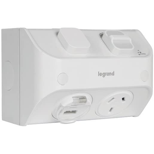 Legrand Aqua Life 240V 10A IP53 Single Pole Surface Mount Switch with A and C Type USB Slot, Limestone Grey