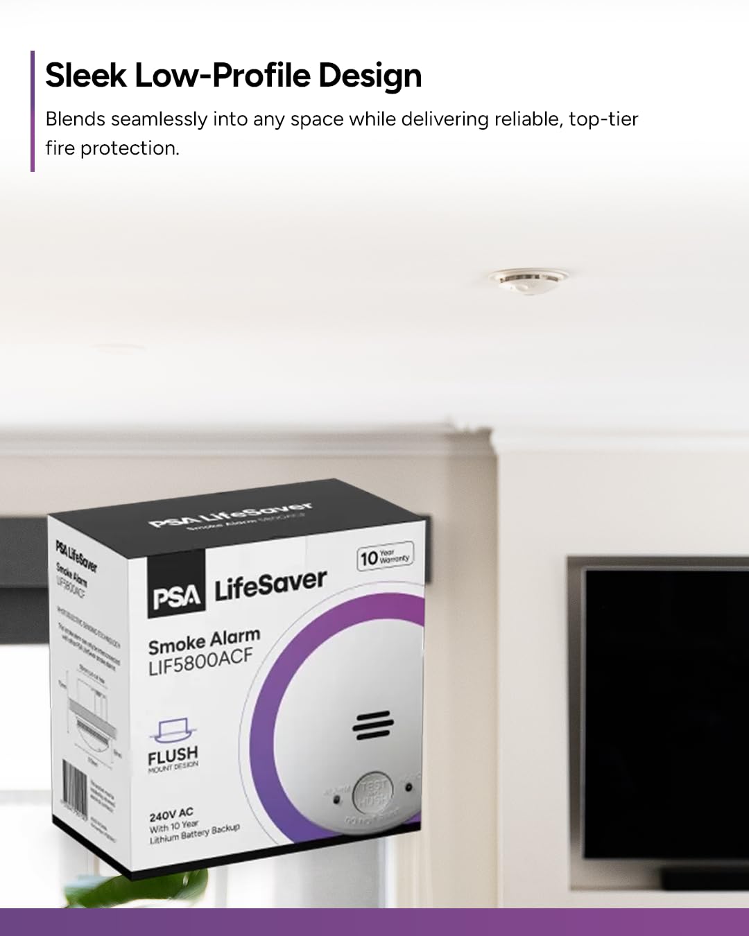 Lifesaver 240V Silhouette Flush Smoke Alarm with 10 Year Sealed Lithium Battery