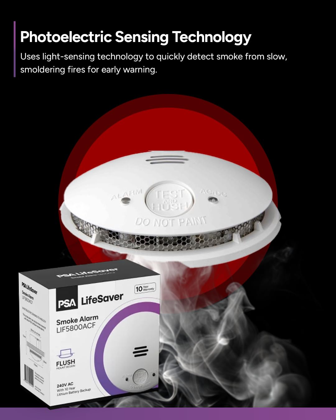 Lifesaver 240V Silhouette Flush Smoke Alarm with 10 Year Sealed Lithium Battery
