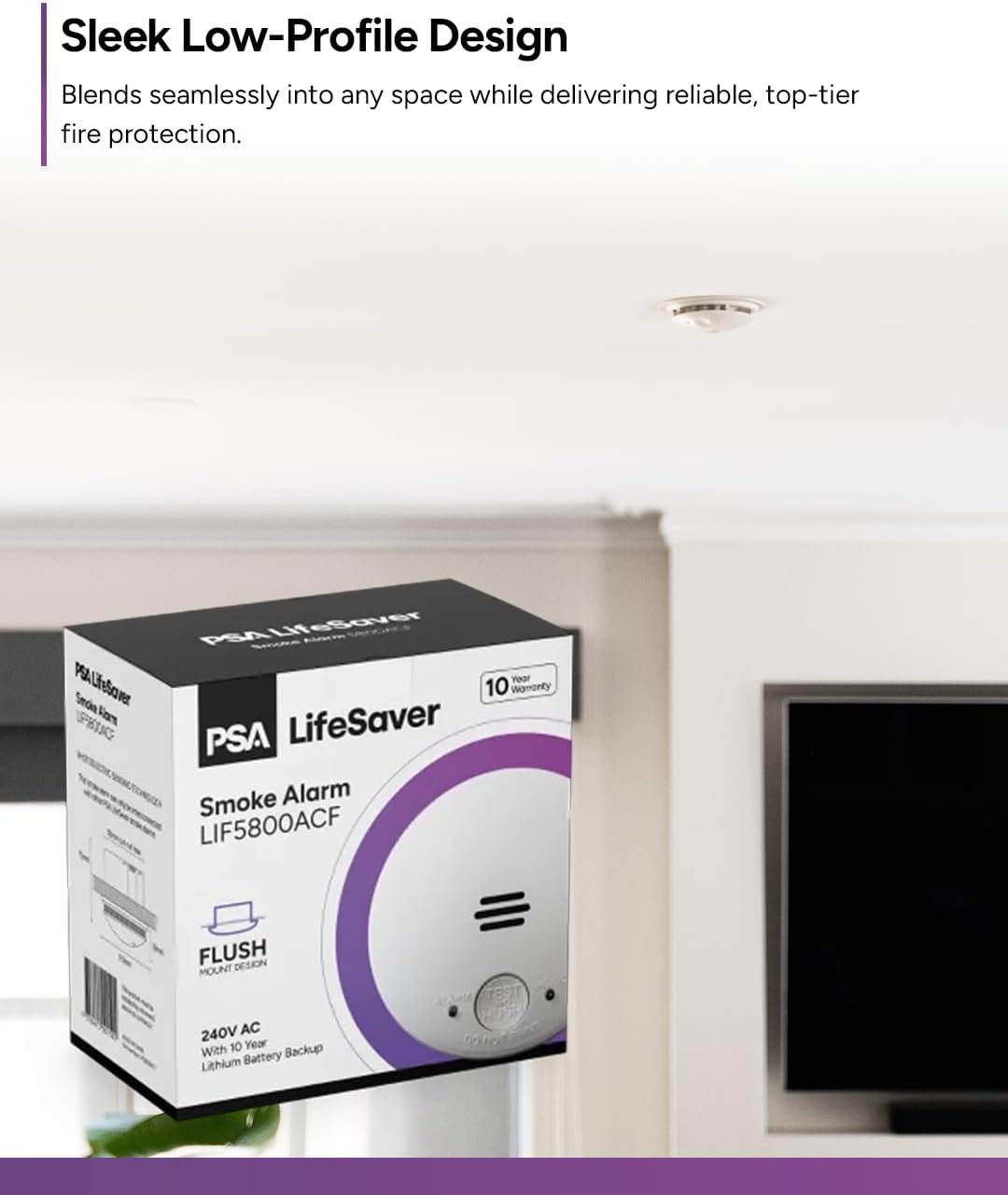 Lifesaver 240V Silhouette Flush Smoke Alarm with 10 Year Sealed Lithium Battery