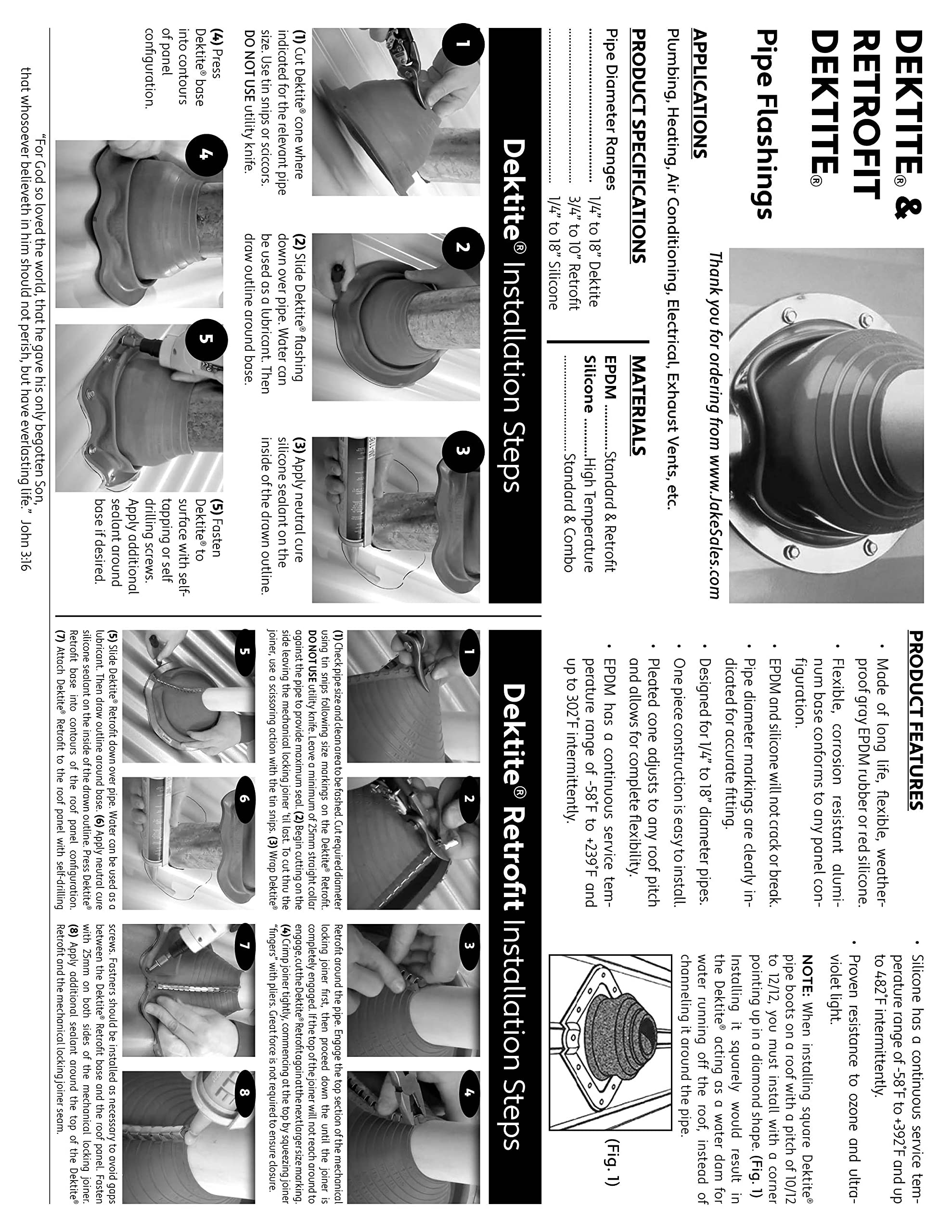 Dektite Square Base EPDM 5-55 mm Flexible Pipe Flashing, 139 mm Length, Black