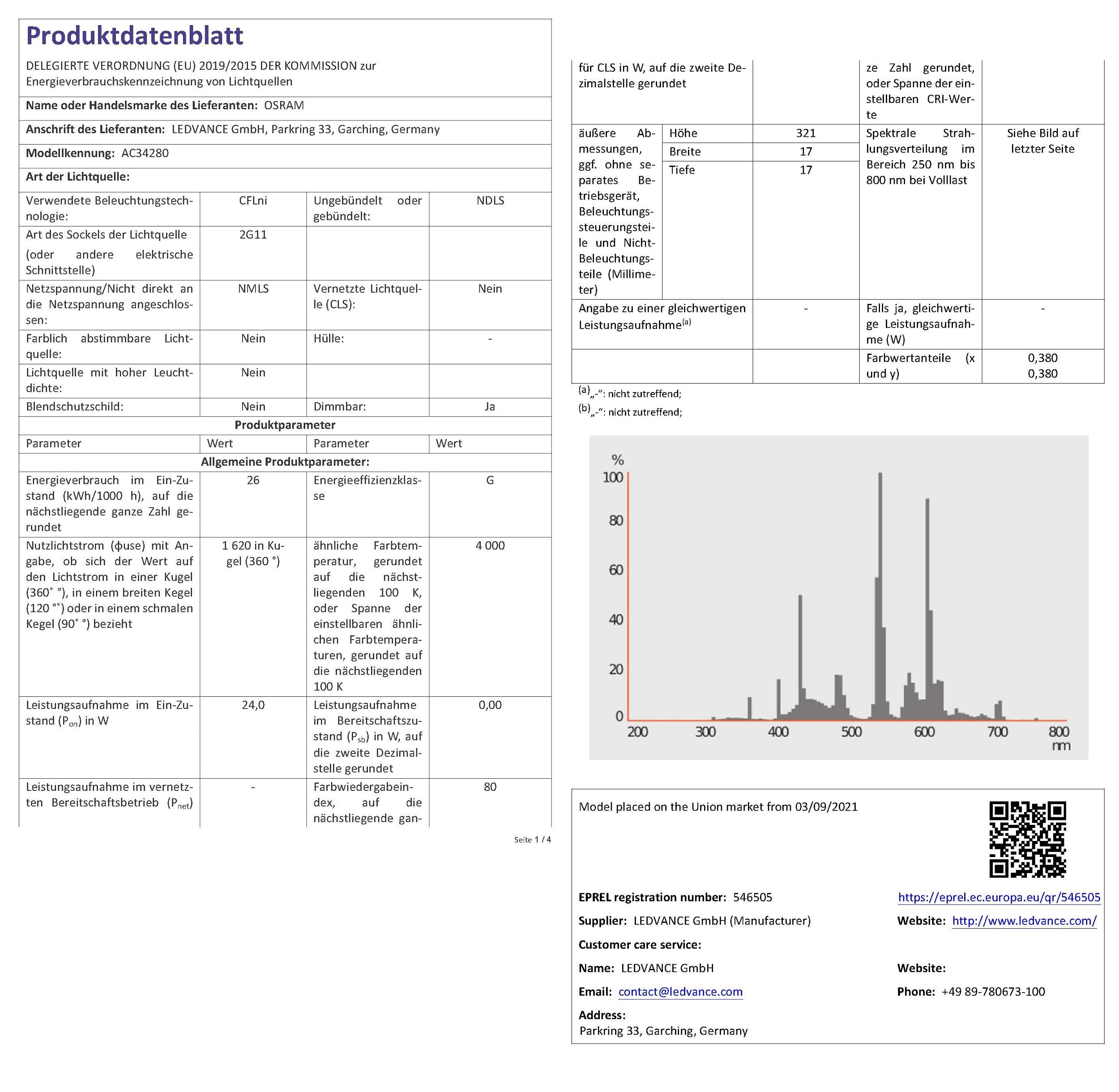 Osram 24W/840 2G11 Dulux Lumilux CFL Lamp