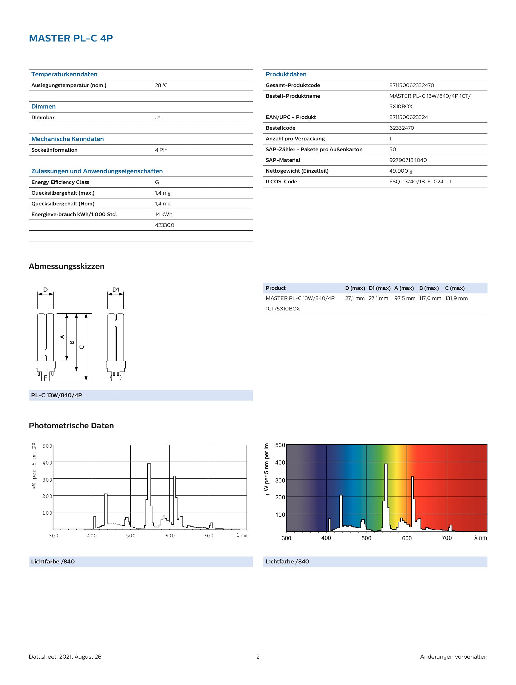 Philips Compact Fluorescent Lamps Fluorescent Lamps Master PL-C 13W 4000K White G24q-1 Mouthpiece 4 pins MASTERPLC13W8404P