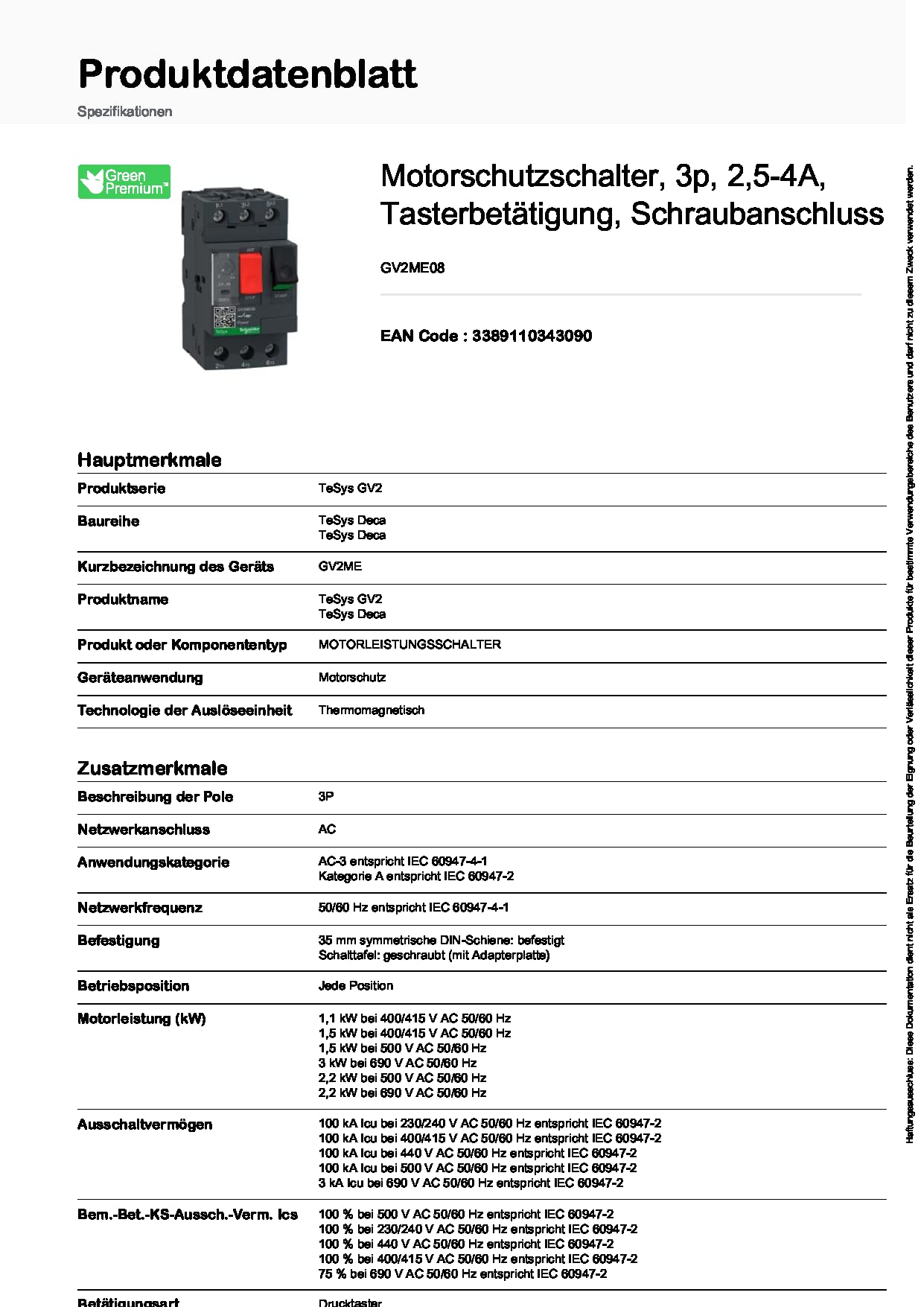 Schneider Electric TeSys GV2 2.5-4A 3-Poles Motor Circuit Breaker