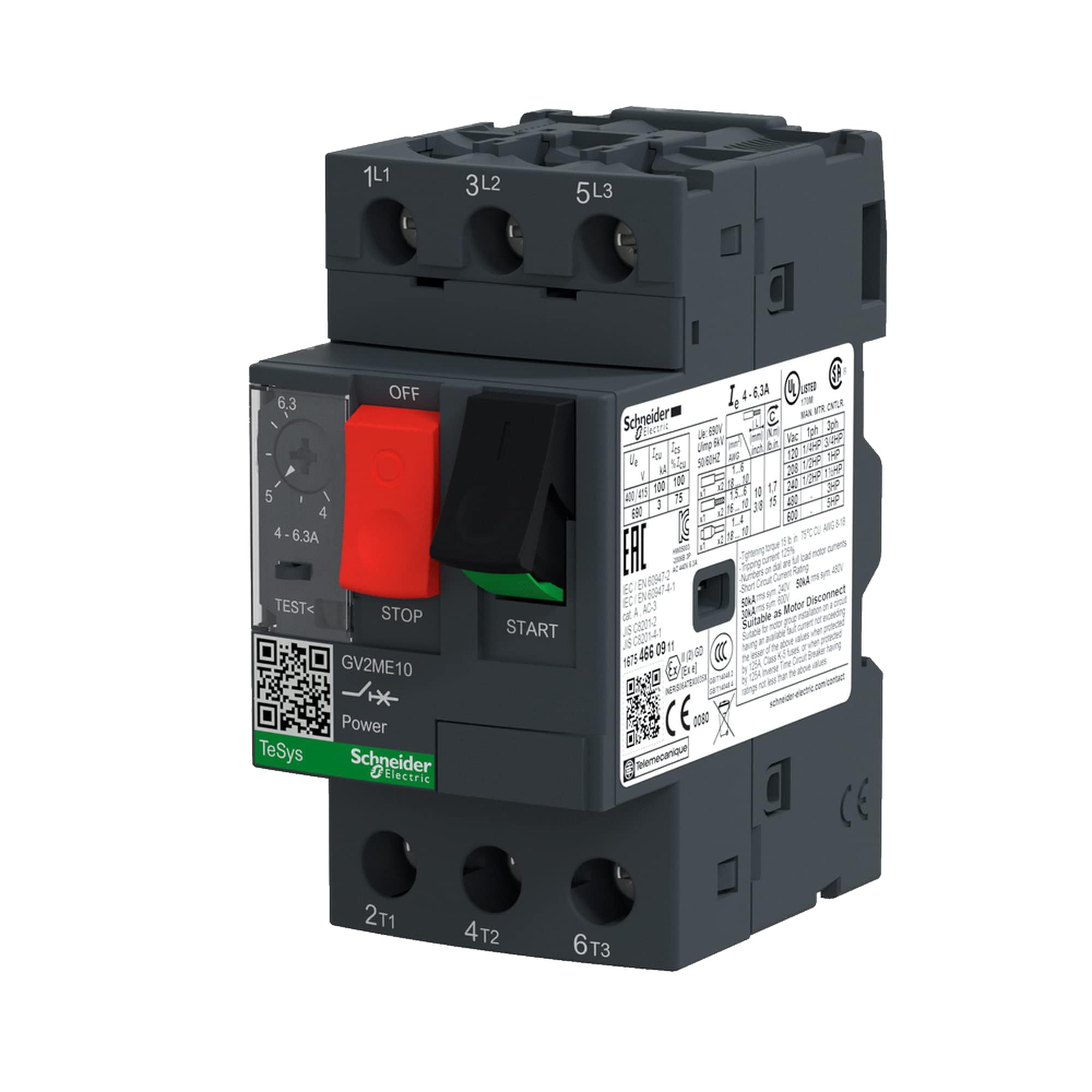 Schneider Electric TeSys GV2 3 Pole 4-6.3A Thermal Magnetic Screw Clamp Terminals Motor Circuit Breaker
