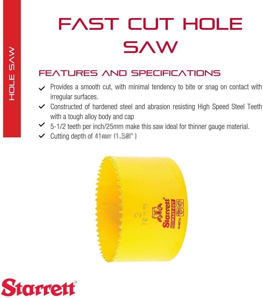 Starrett Fast Cut Straight Pitch Bi-Metal Hole Saw, 76 mm Diameter, Yellow