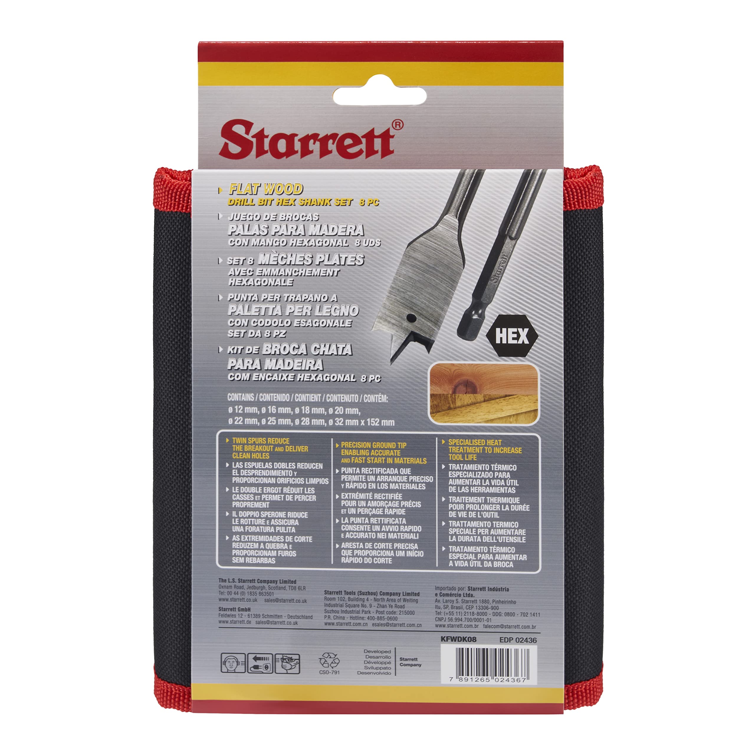 Starrett Flat Wood Drill Bit Kit - 8 Piece KFWDK08 High Speed Steel HSS 1/4 Inch Hex Shank Spade Drill Bits Set - Woodworking Hole Cutter Tool