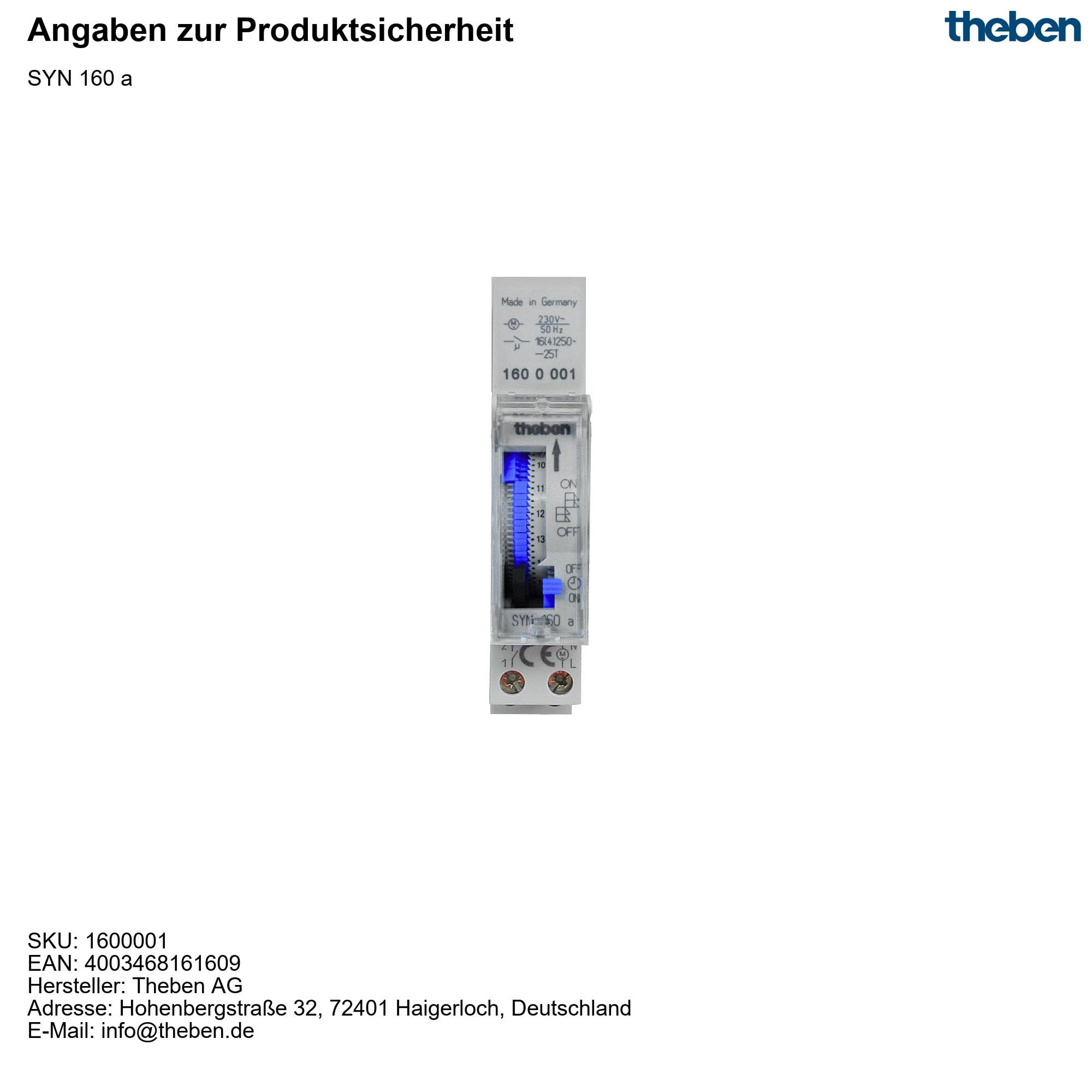 Theben 1600001 SYN 160a - Analog Timer with Daily Program, time Switch, DIN Rail