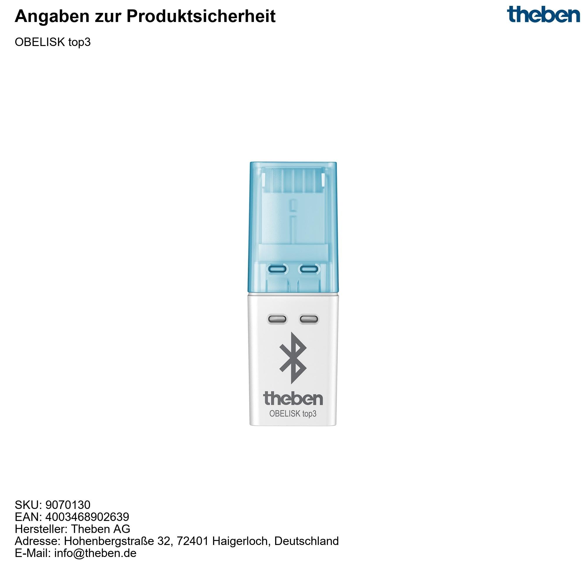 Theben 9070130 Bluetooth Obelisk top3 9070130 Bluetooth Obelisk top3 - Bluetooth Low-Energy dongle for The Transfer of Switching Programs and Direct Commands from The app to The time Switch