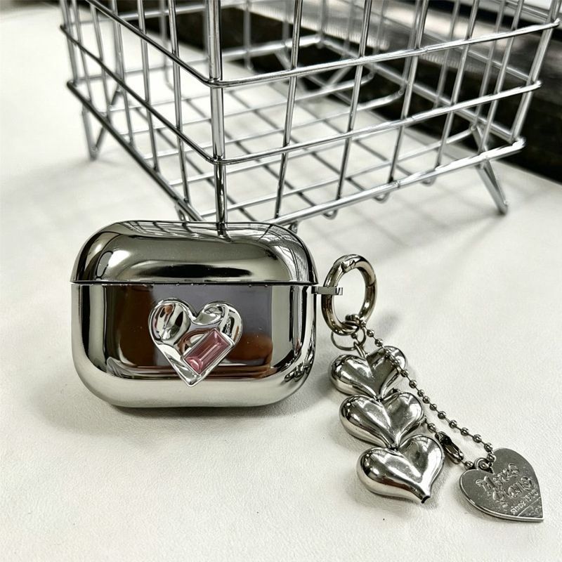 AirPods 2 Textured Silver Heart Electroplated Case + 3 Heart Charms
