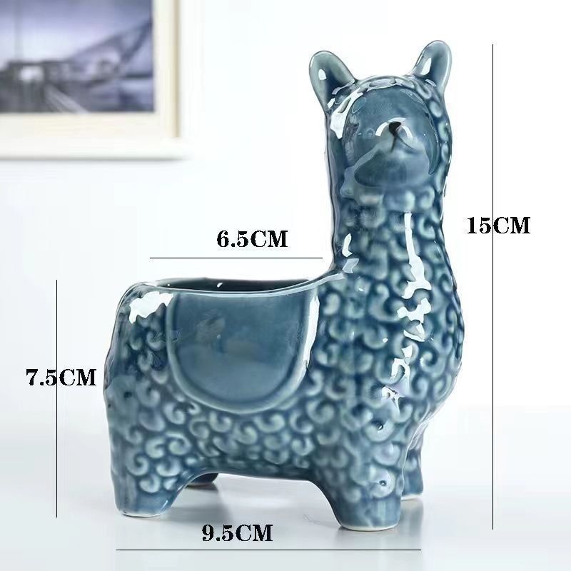 Blue Ceramic Planter with Head Tilted Alpaca
