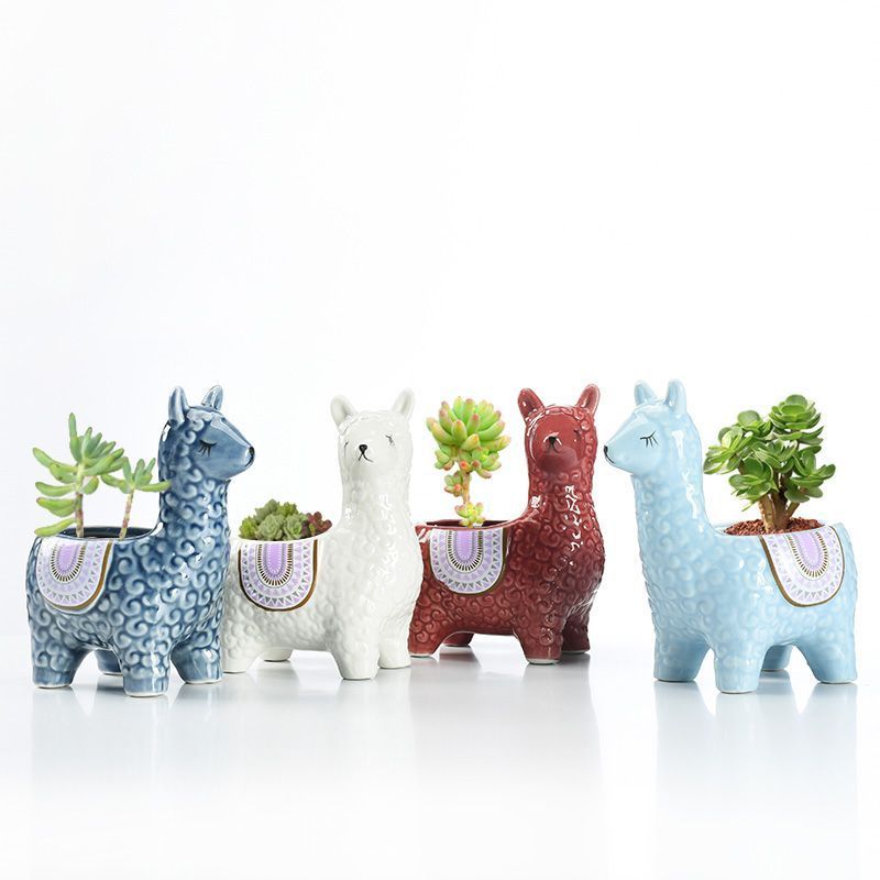 Blue Ceramic Planter with Head Tilted Alpaca
