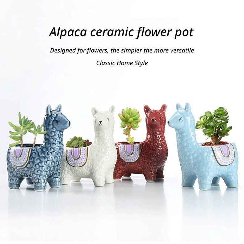 Blue Ceramic Planter with Head Tilted Alpaca