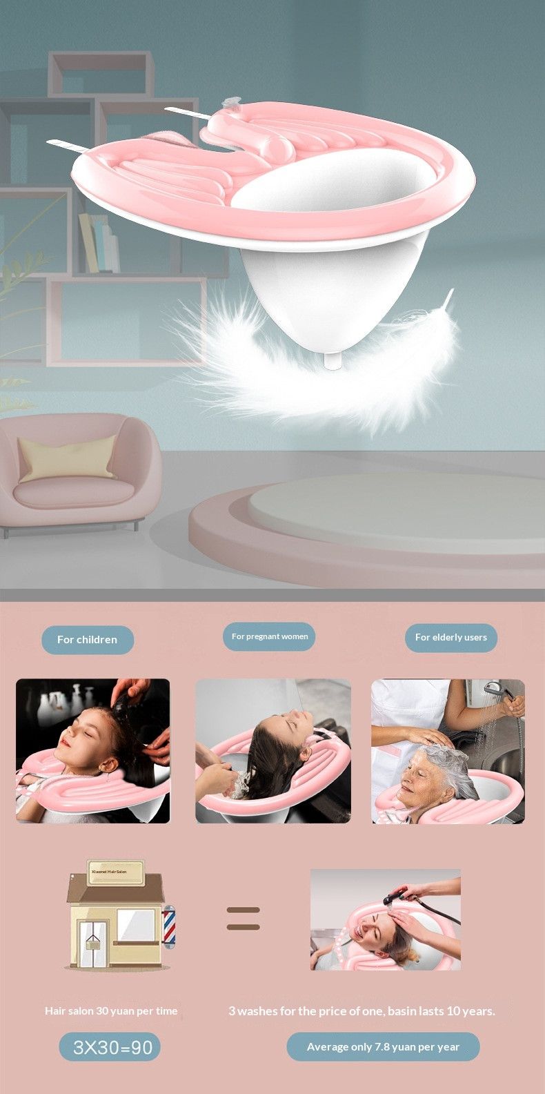 PinkHairWashingBasin+LargeShowerCap+DrainBasket