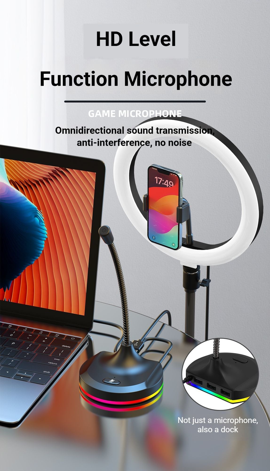 RGB Desktop Microphone 3 USB HUB Model White