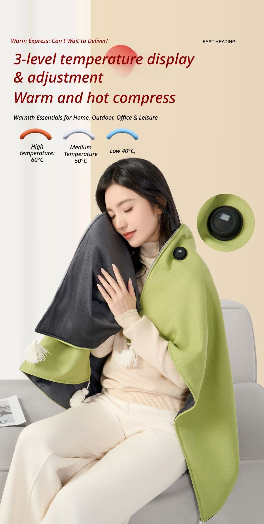 USB Washable Heated Shawl-No Power Bank Included-Green