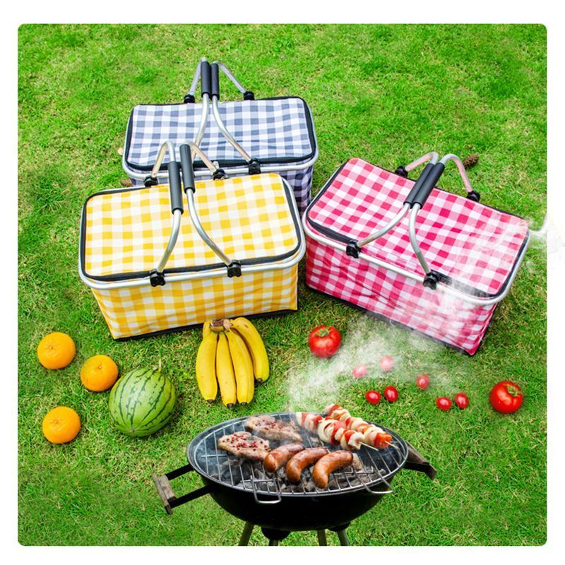 Thickened Foldable Aluminum Foil Insulated Picnic Basket-Green chequered pattern