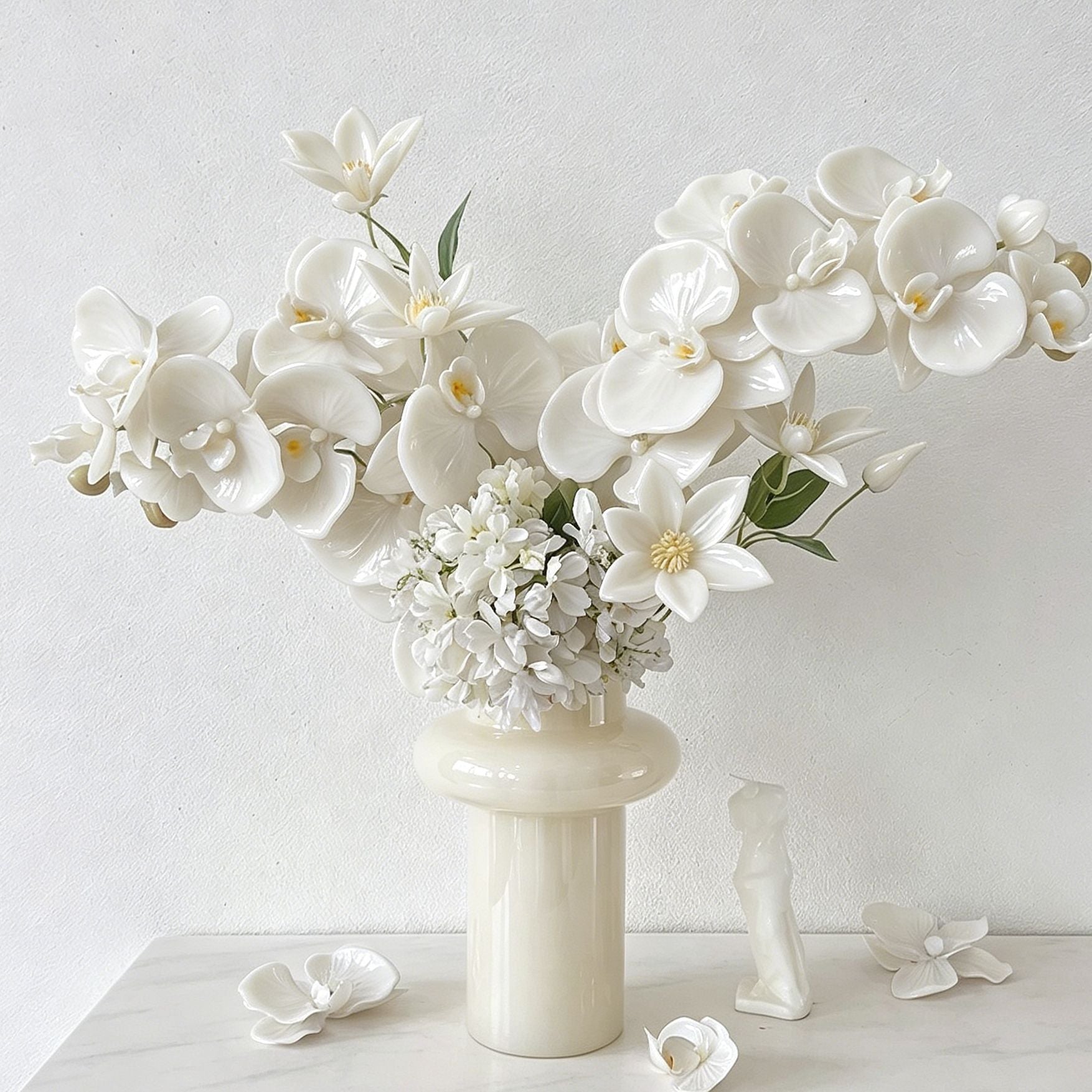 Artificial Oil Painting Phalaenopsis, Jade White, 3 Pack