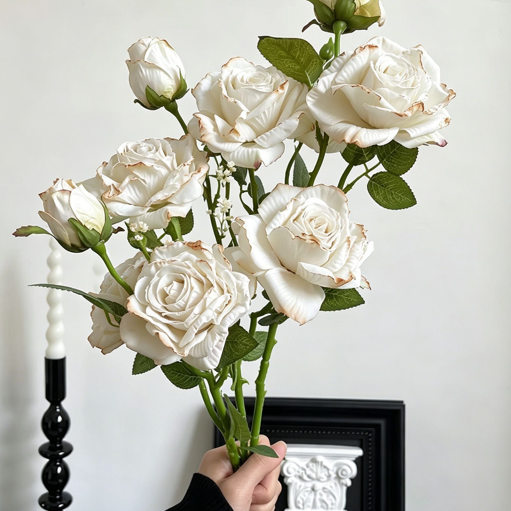 Vintage Burnt Edge Artificial Rose, Pure White Soft Decor, 3 Pack