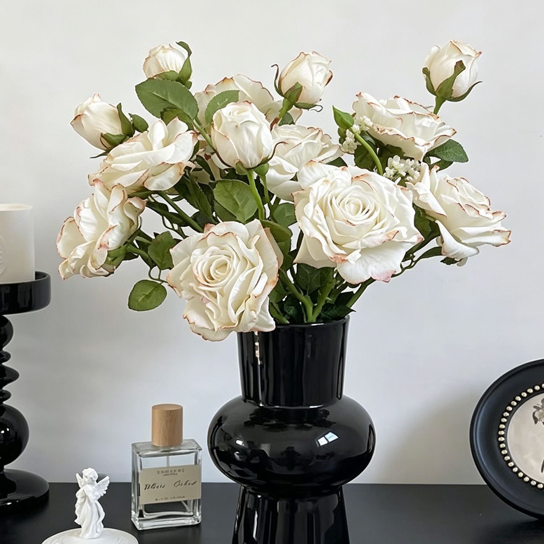 Vintage Burnt Edge Artificial Rose, Pure White Soft Decor, 3 Pack