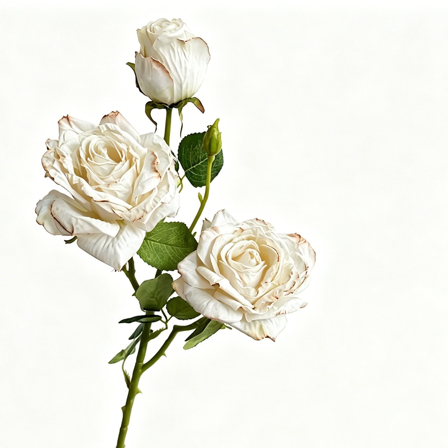 Vintage Burnt Edge Artificial Rose, Pure White Soft Decor, 5 Pack