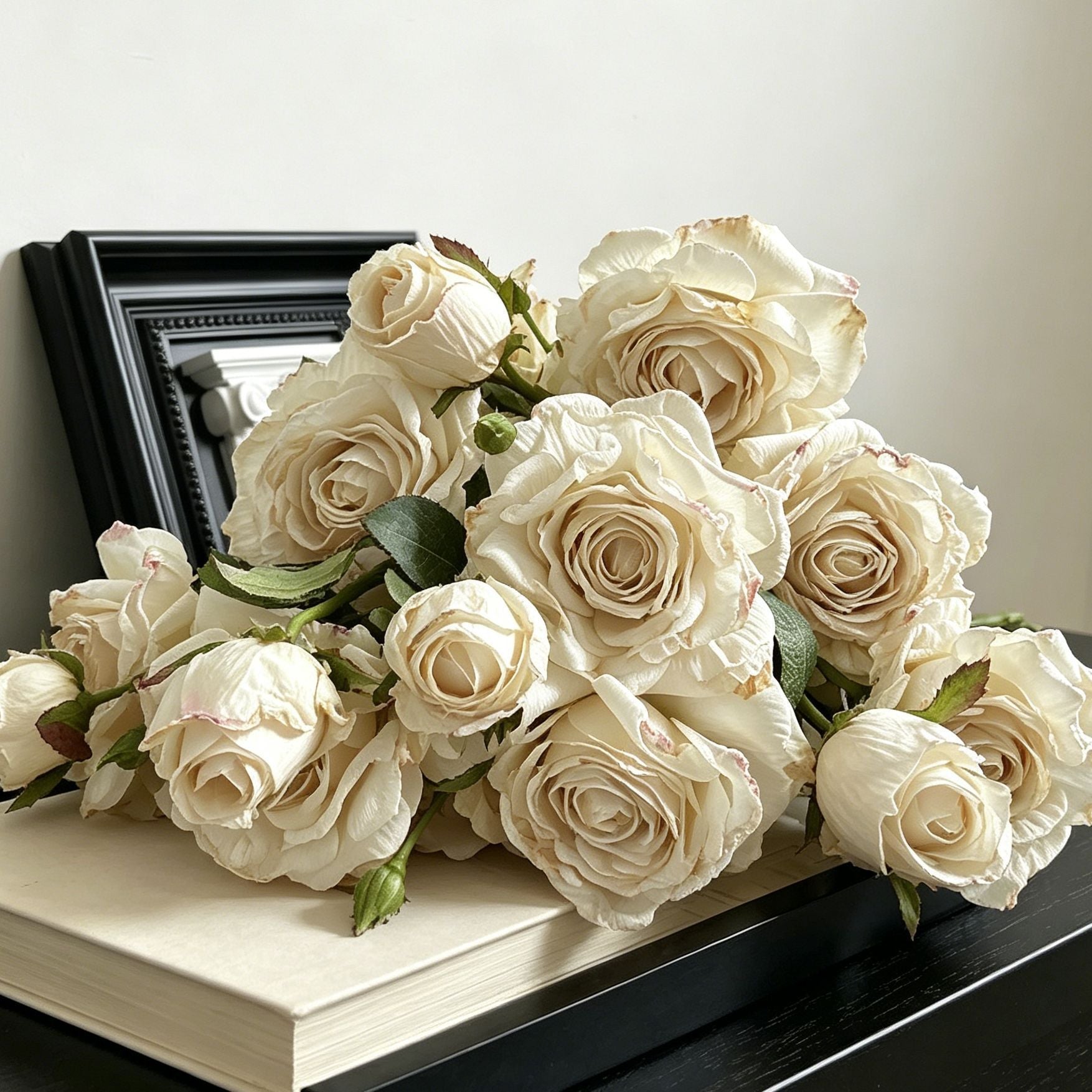 Vintage Burnt Edge Artificial Rose, Pure White Soft Decor, 5 Pack