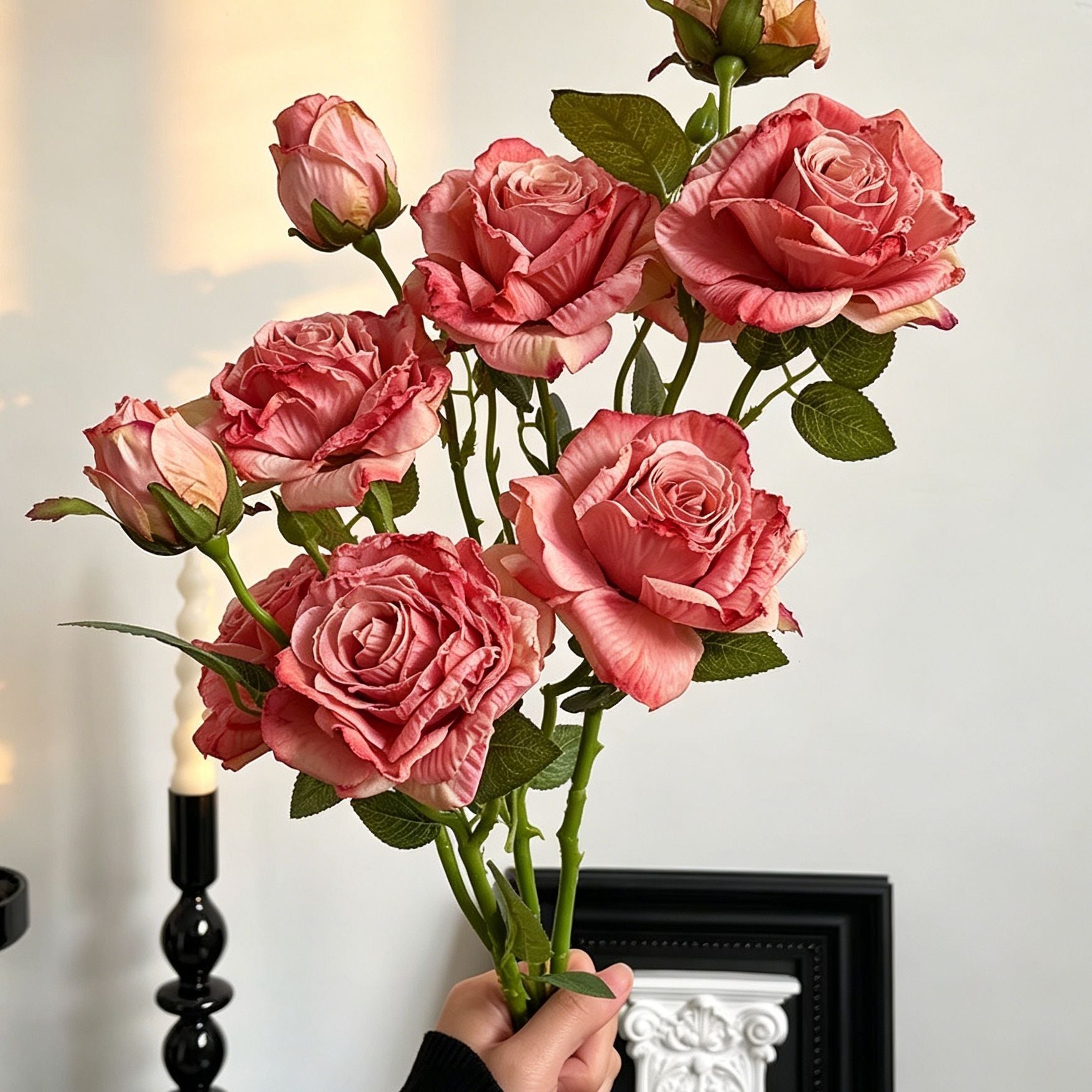Vintage Burnt Edge Artificial Rose, Pink Sweet Decor, 3 Pack