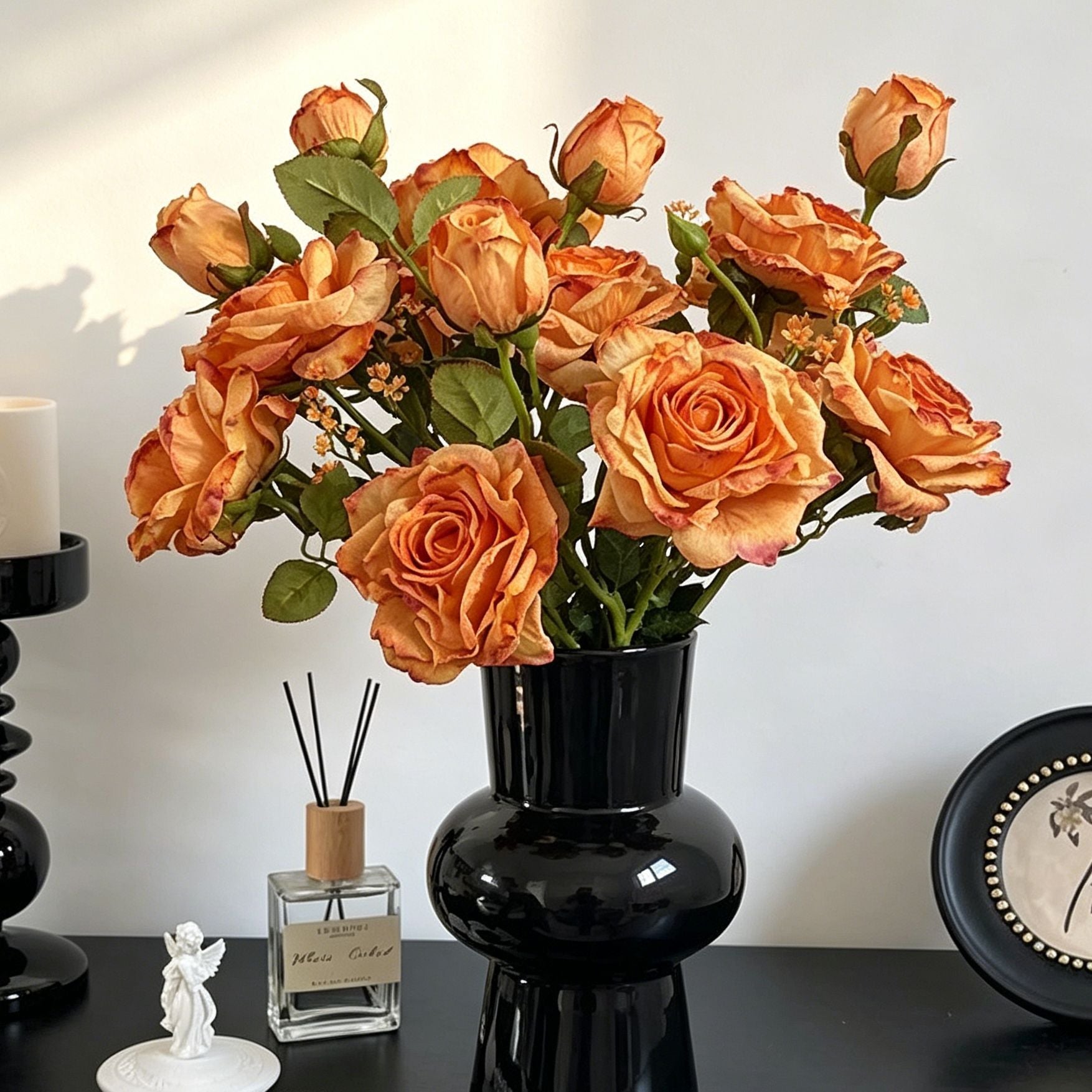 Vintage Burnt Edge Artificial Rose, Orange Warm Decor, 3 Pack