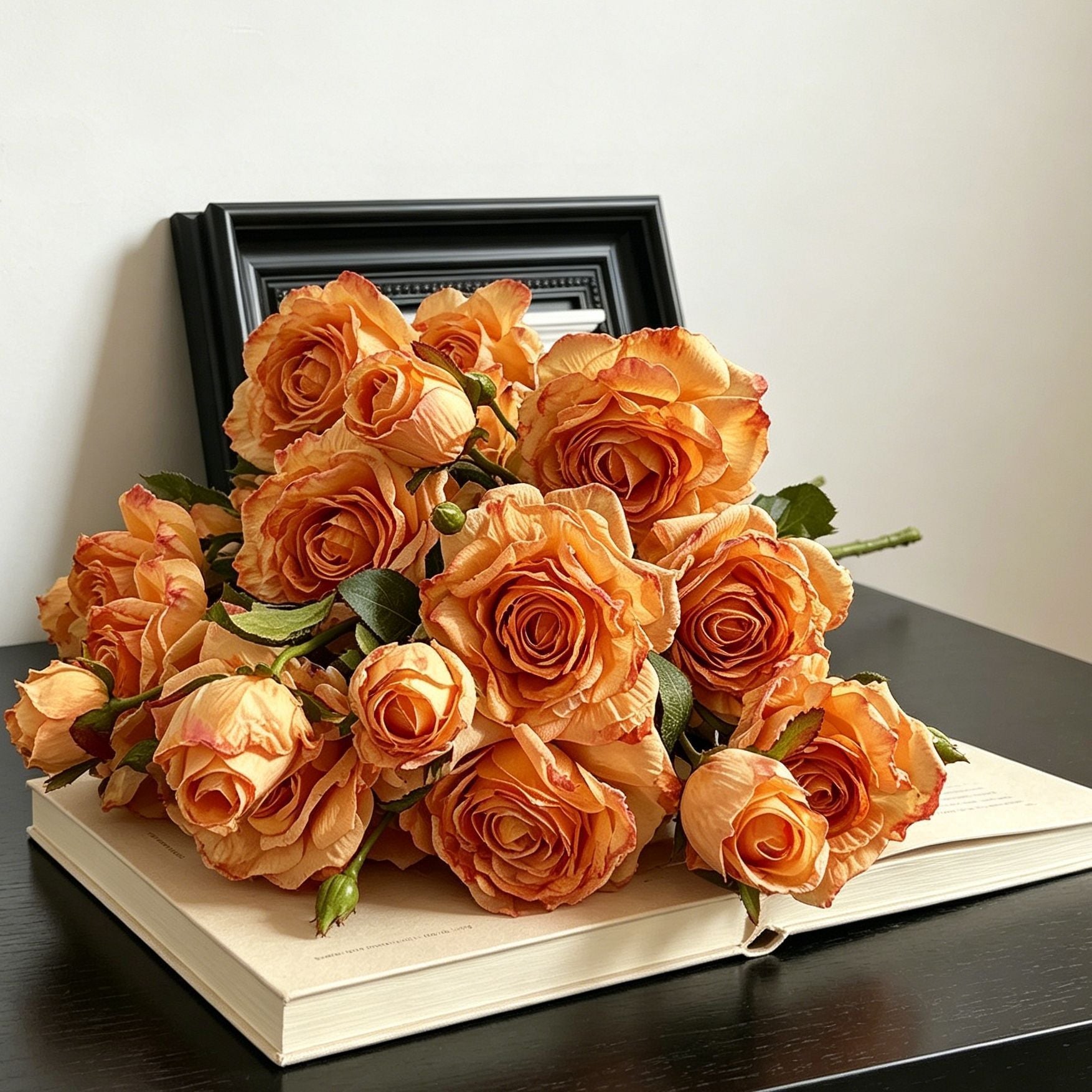 Vintage Burnt Edge Artificial Rose, Orange Warm Decor, 5 Pack
