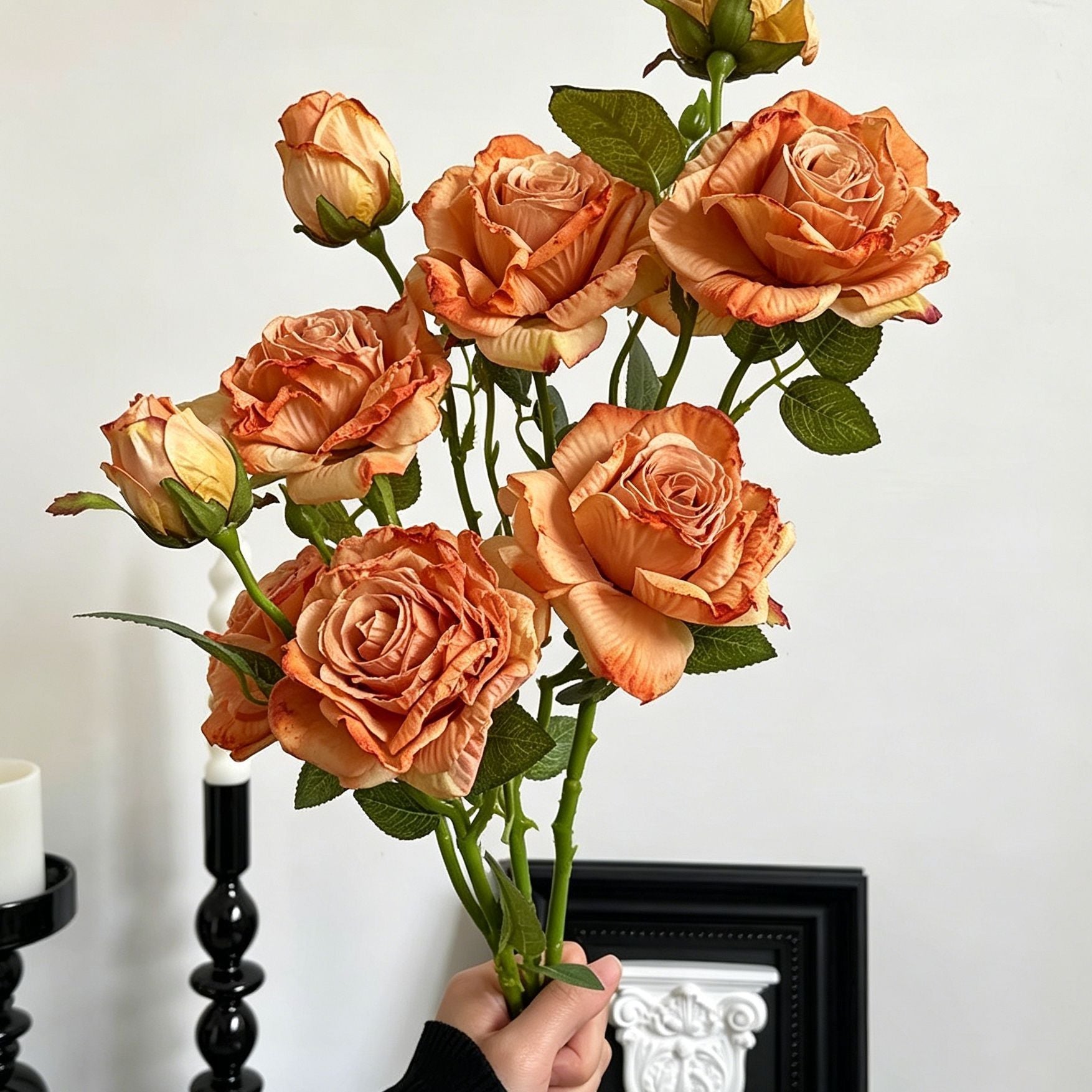 Vintage Burnt Edge Artificial Rose, Orange Warm Decor, 5 Pack