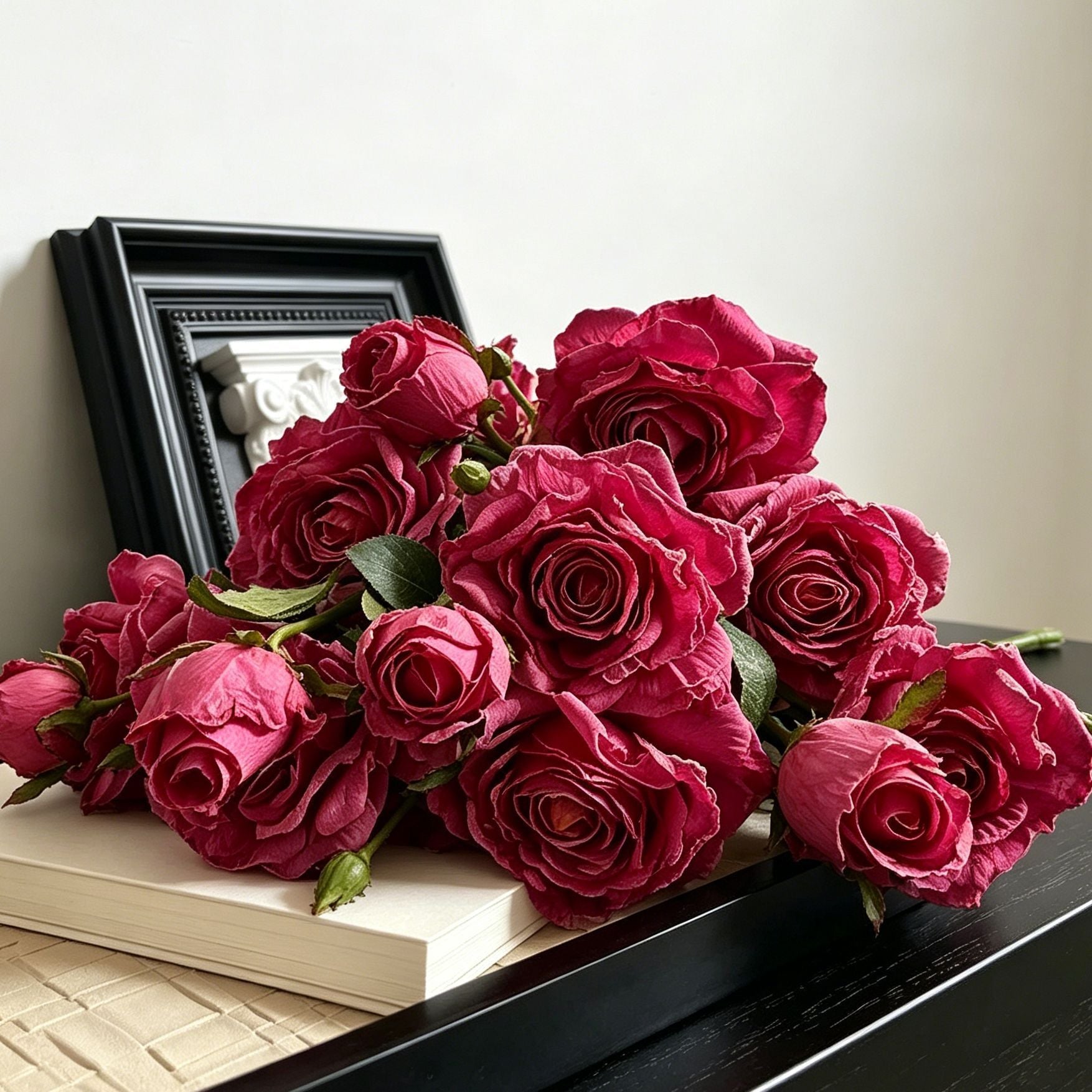 Vintage Burnt Edge Artificial Rose, Fuchsia Romantic Decor, 3 Pack