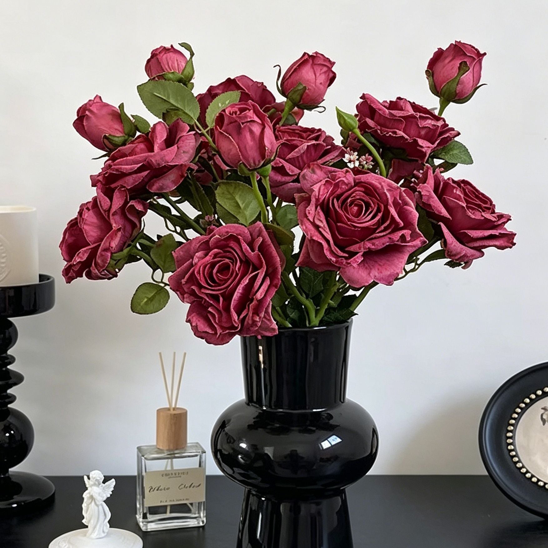 Vintage Burnt Edge Artificial Rose, Fuchsia Romantic Decor, 3 Pack