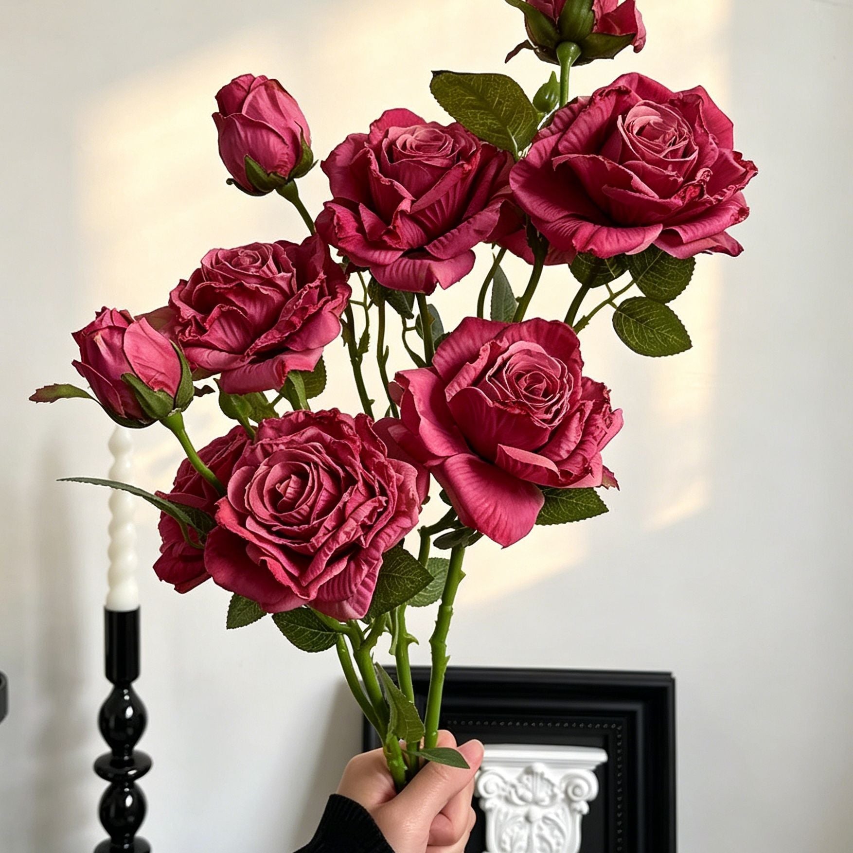 Vintage Burnt Edge Artificial Rose, Fuchsia Romantic Decor, 5 Pack