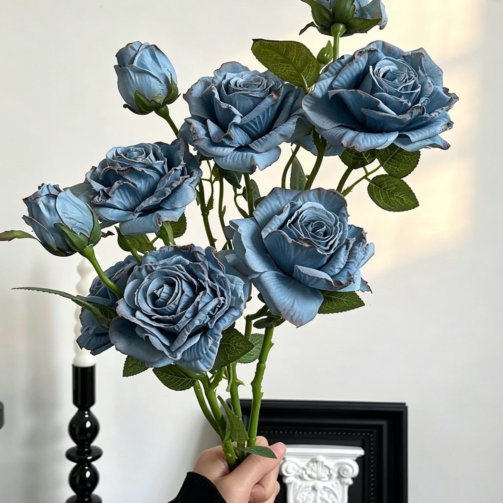 Vintage Burnt Edge Artificial Rose, Blue Calming Decor, 3 Pack