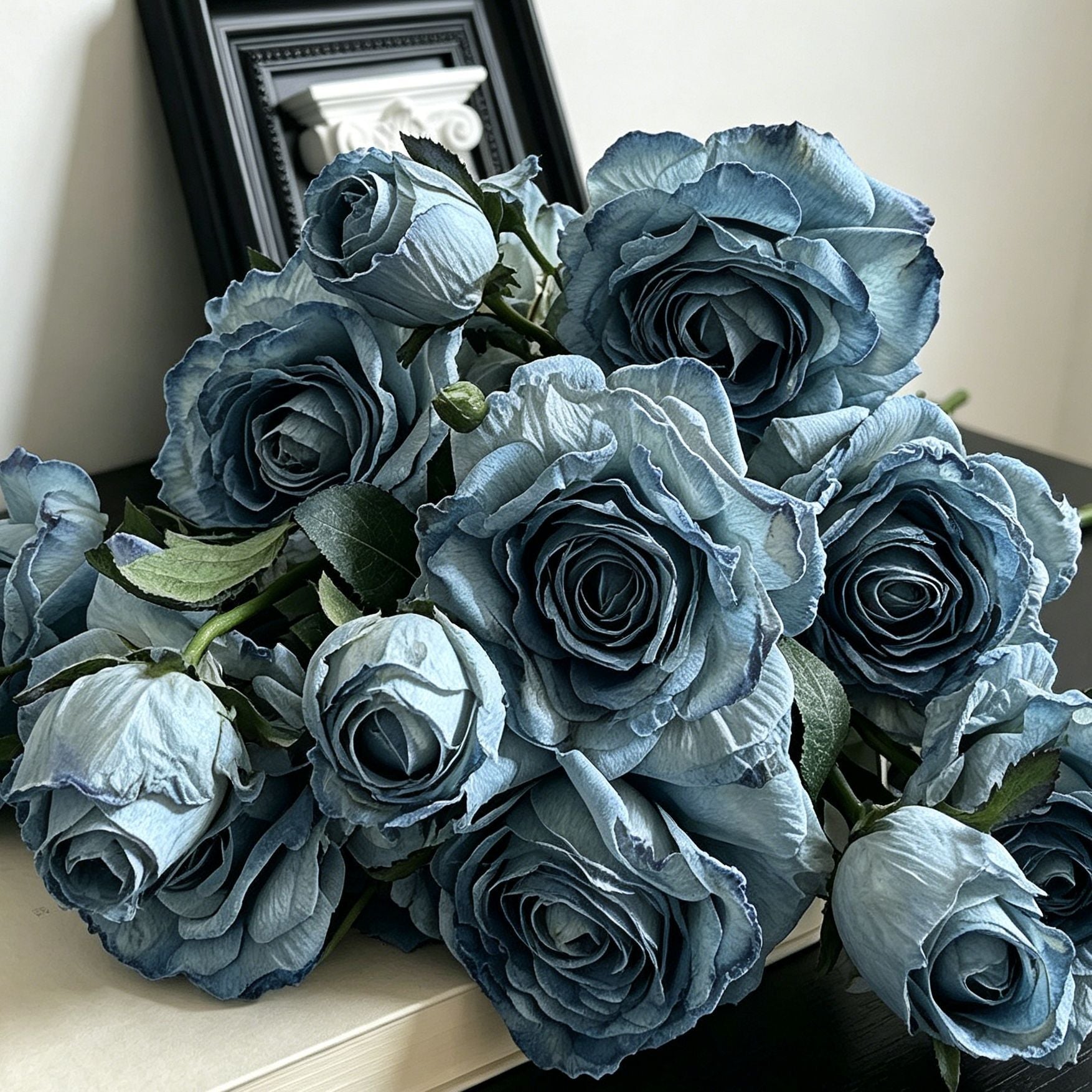 Vintage Burnt Edge Artificial Rose, Blue Calming Decor, 5 Pack