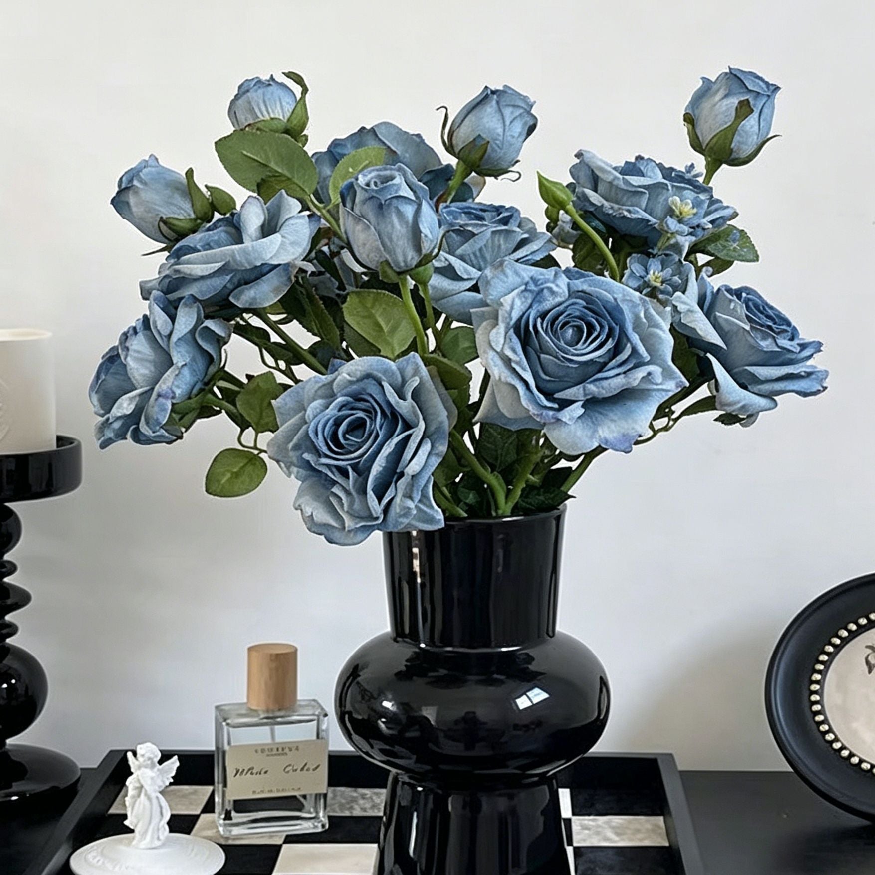Vintage Burnt Edge Artificial Rose, Blue Calming Decor, 5 Pack