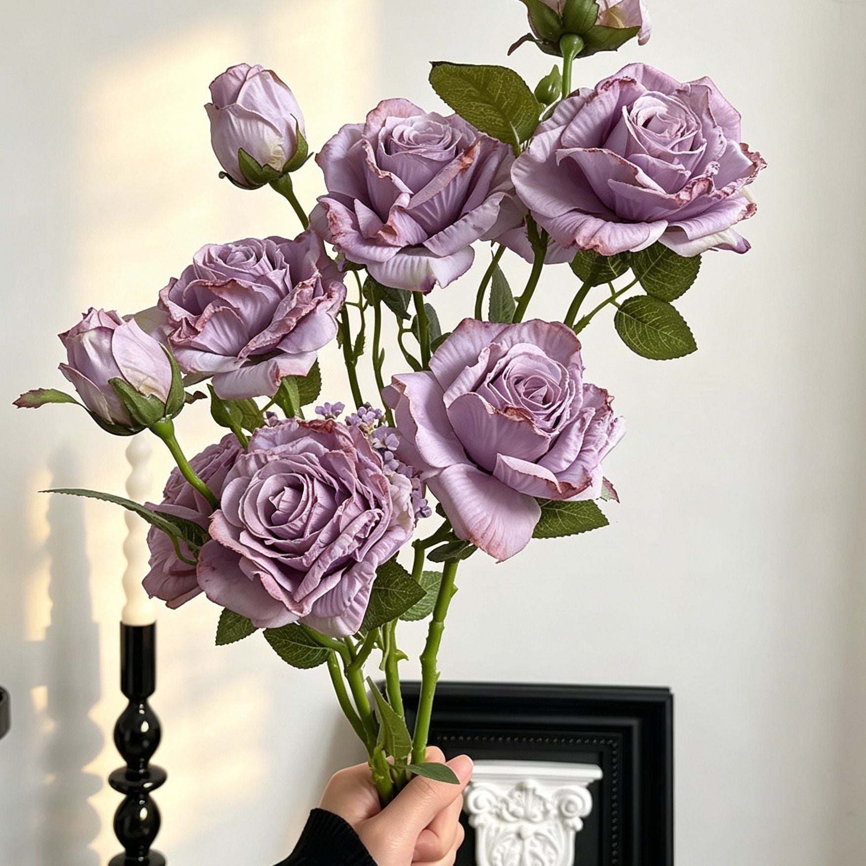 Vintage Burnt Edge Artificial Rose, Purple Dreamy Decor, 5 Pack
