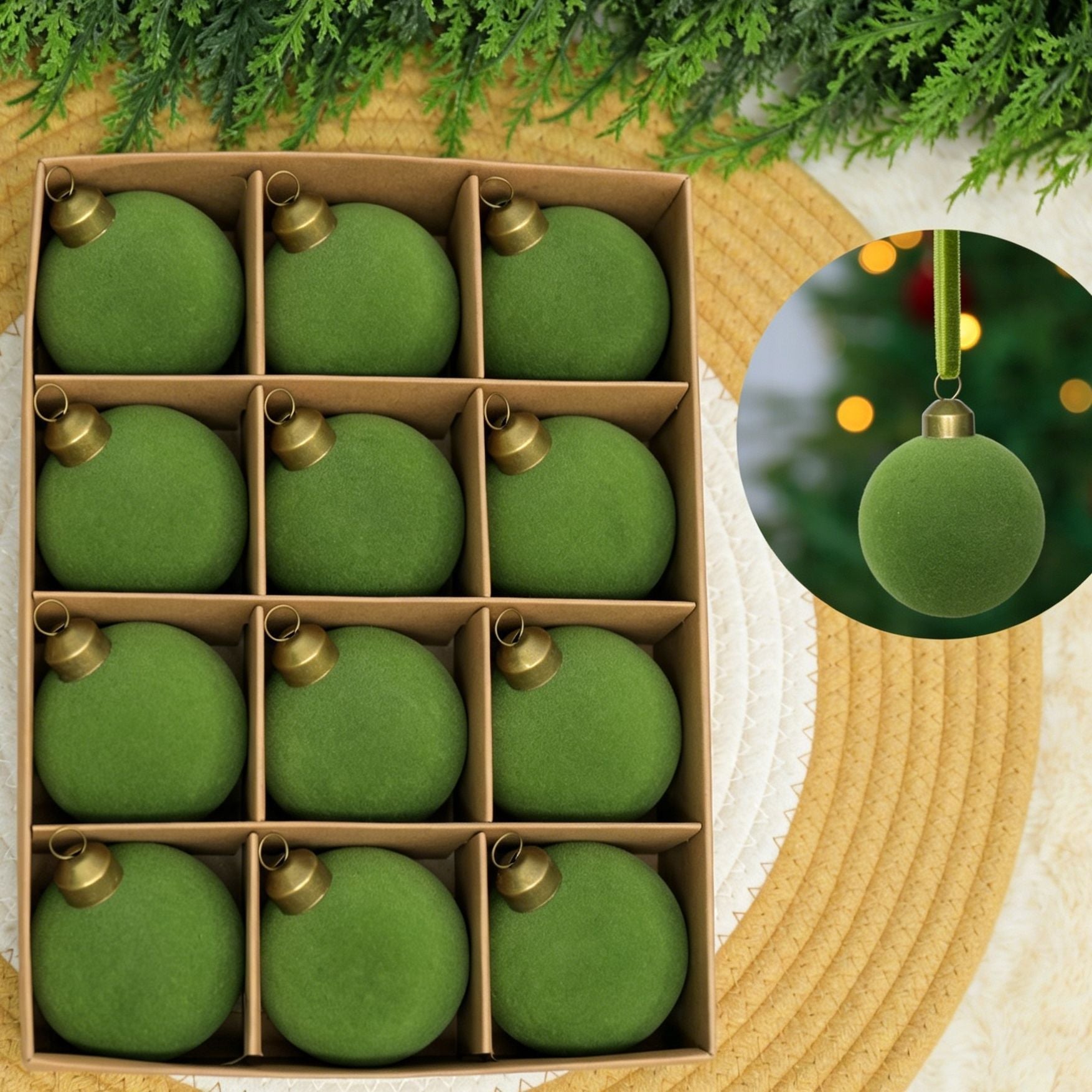 24pk Flocked Xmas Baubles Metal Cap, Avocado 8cm