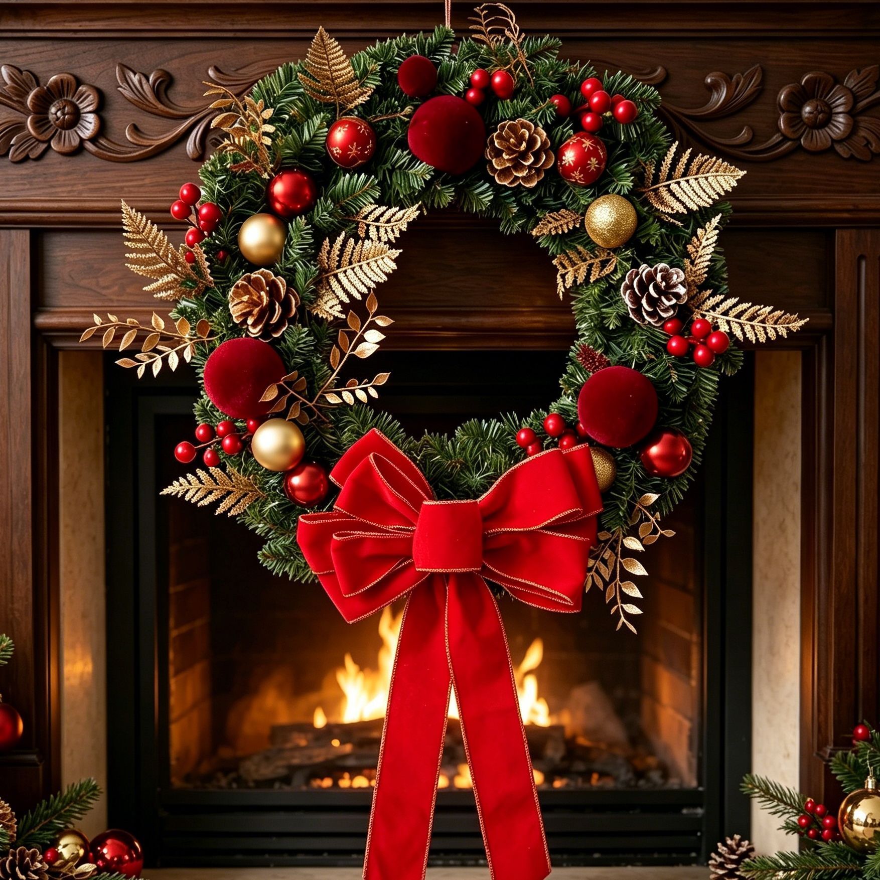 2pk Xmas Wreath Gold Leaf Red Bow, 40cm Diameter