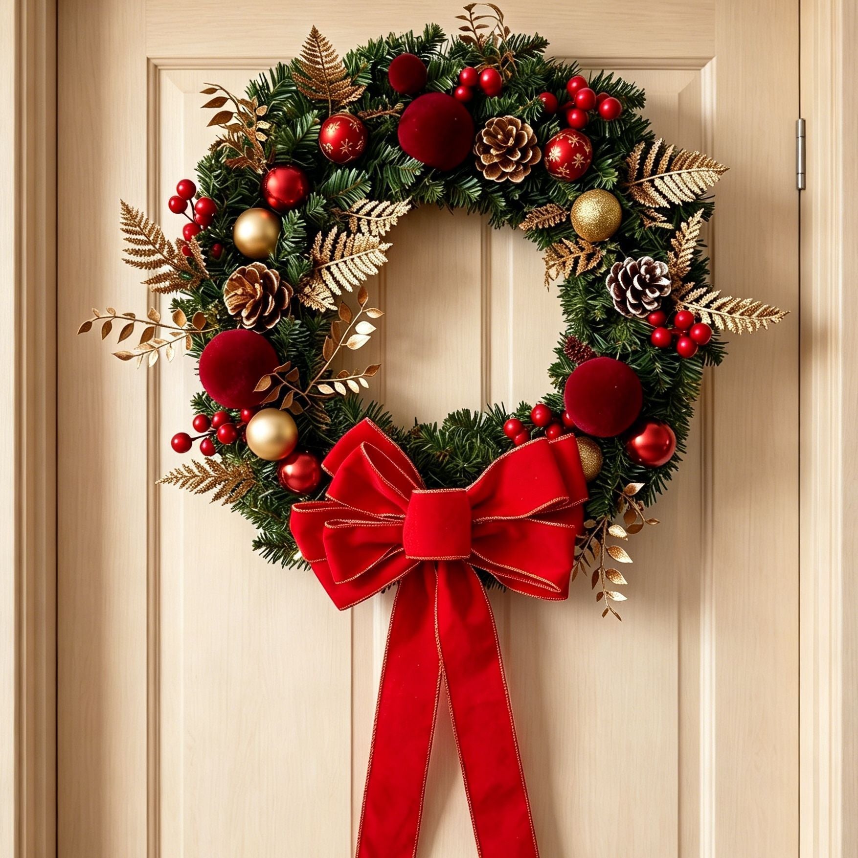 2pk Xmas Wreath Gold Leaf Red Bow, 50cm Diameter