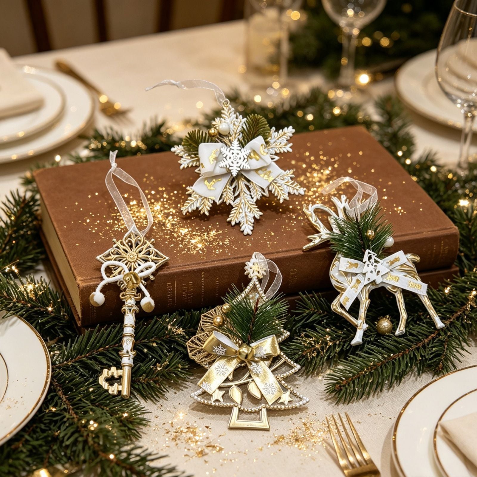 1pk White Gold Vintage Xmas Tree Hanging Ornament