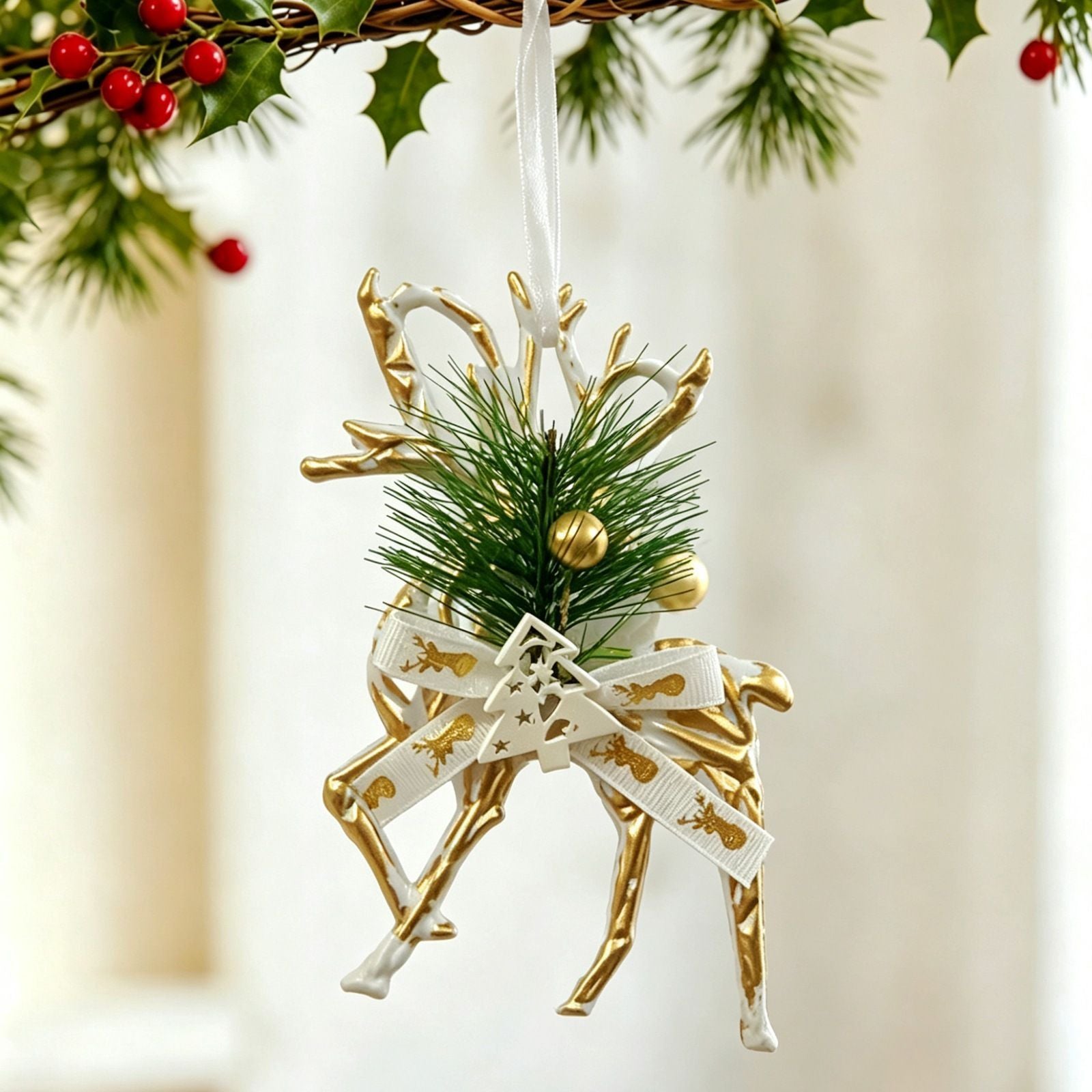 3pk White Gold Vintage Reindeer Xmas Bauble