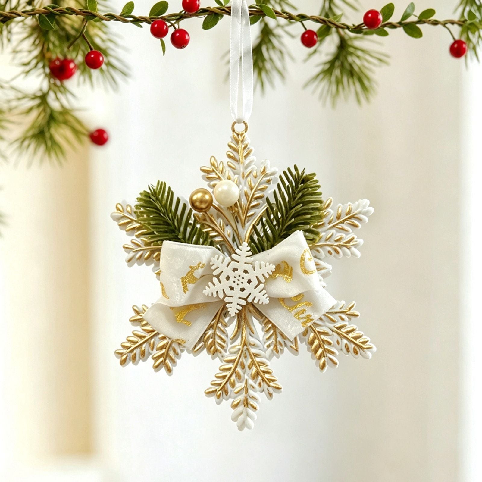 1pk White Gold Vintage Snowflake Xmas Hanging Decor