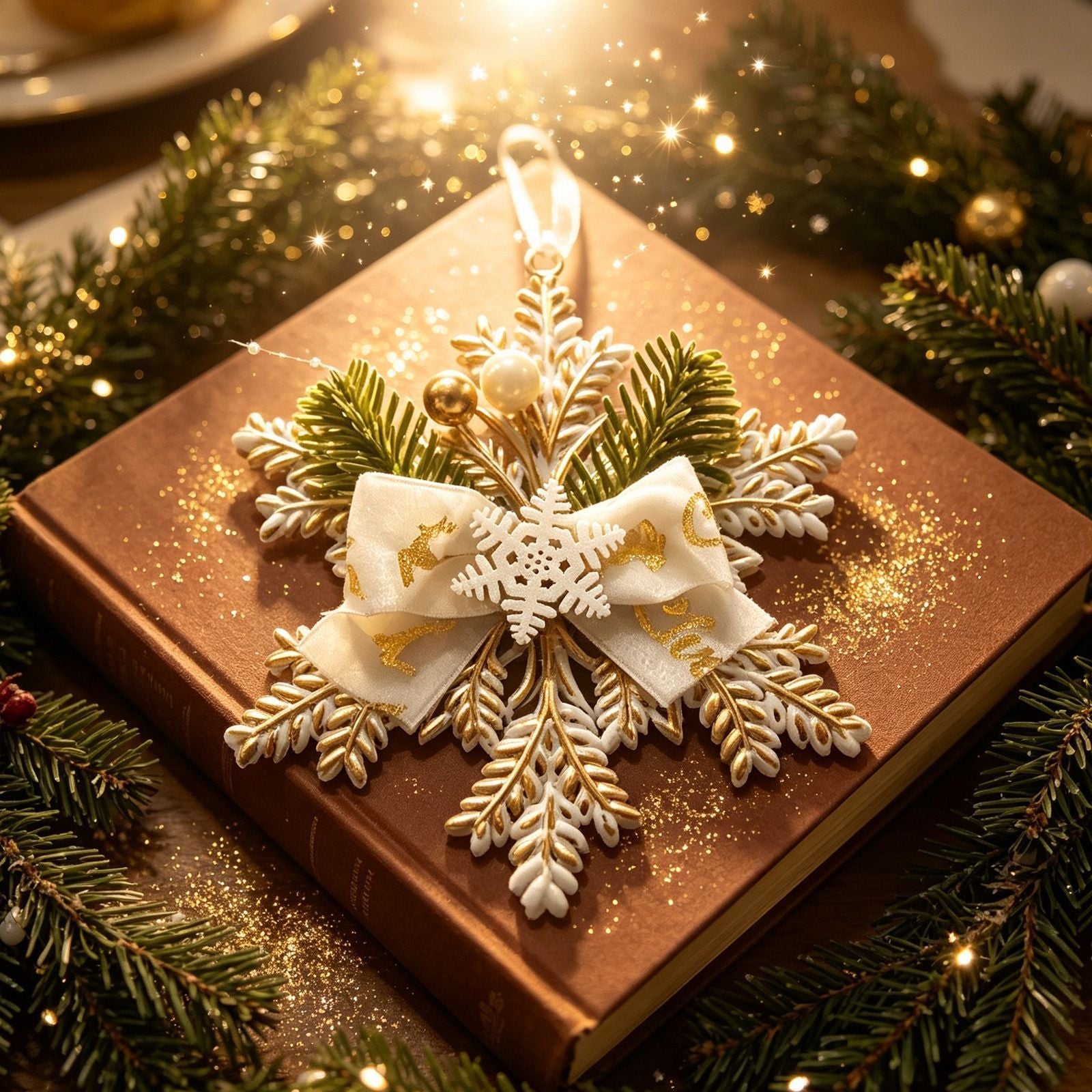 1pk White Gold Vintage Snowflake Xmas Hanging Decor