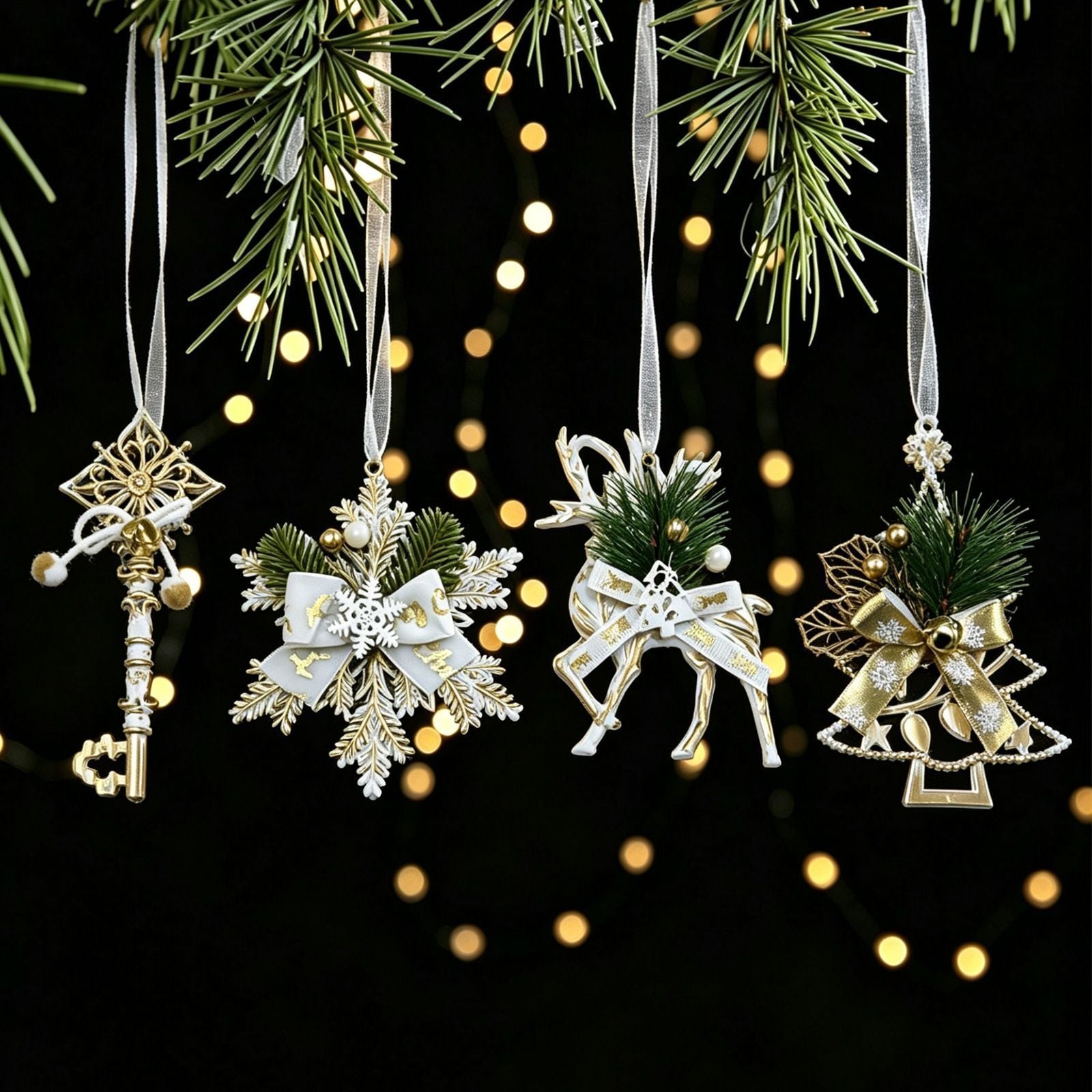 1pk White Gold Vintage Key Xmas Tree Ornament